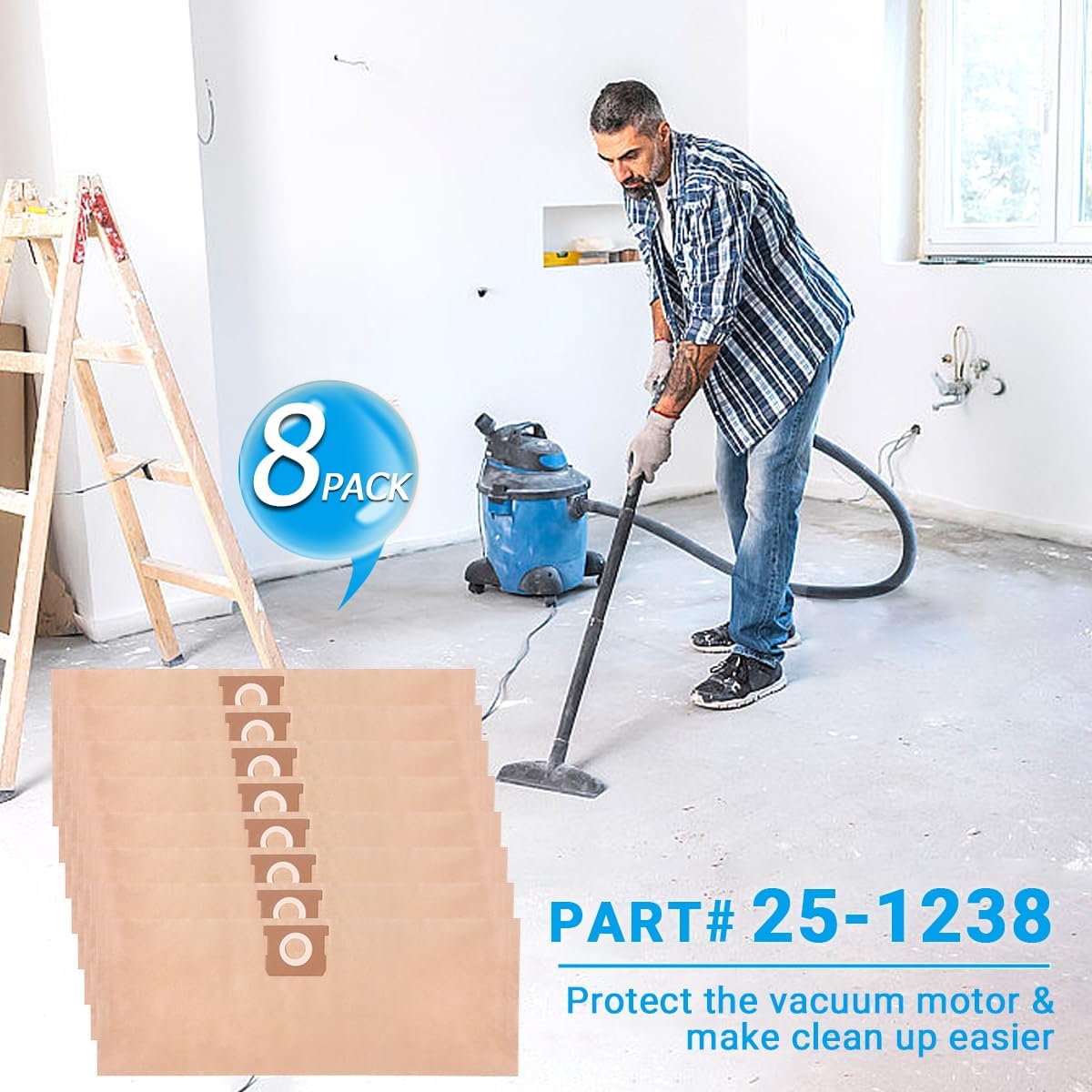 8 Pack 25-1238 Vacuum Bags Compatible with Stanley & Porter Cable 4 Gallon Wet/Dry Vacuum: SL18301-4B, SL18301-3B, PCX18301-4B, PCX18301-4C