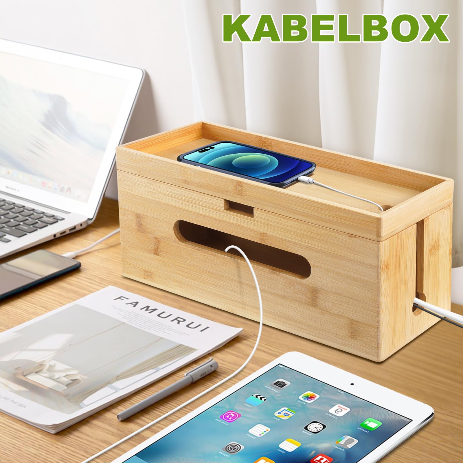 Caja de cables de madera [juego de 2 | grande y pequeño] de bambú sostenible – Caja de gestión de cables para ocultar cables enredados – Caja de enchufe colector de cables, caja organizador