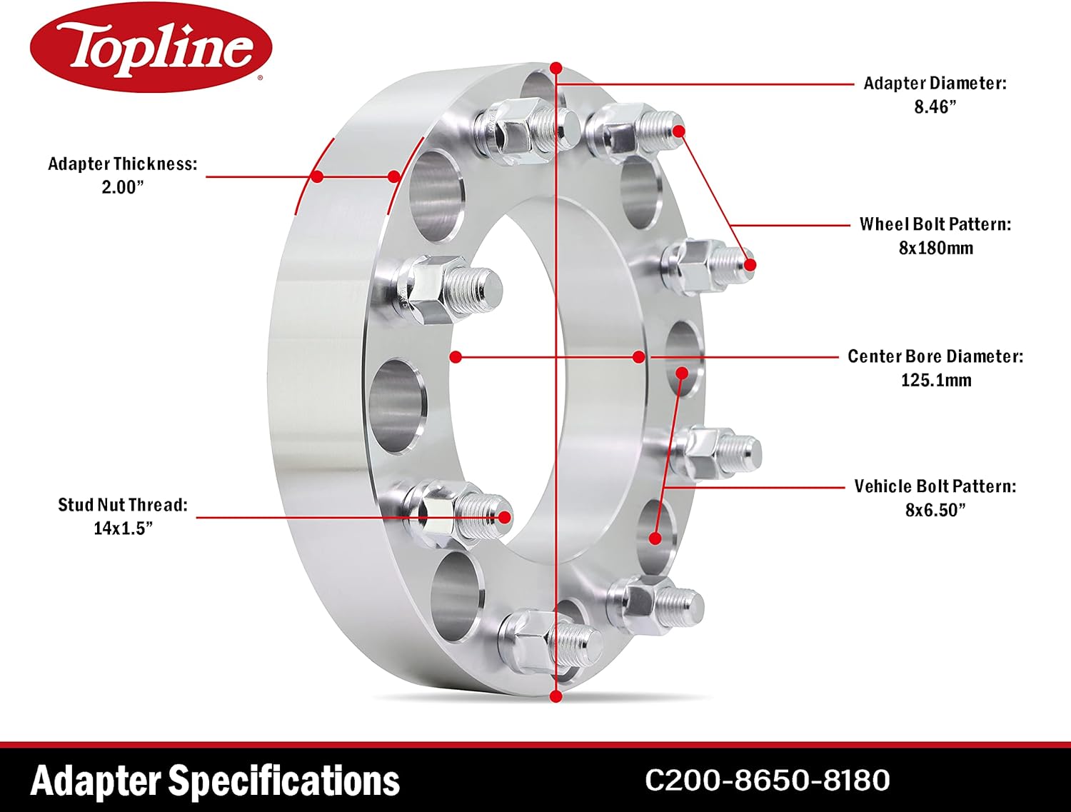 Suреr Chеар 🛒 Topline Products Wheel Adapters | Converts 8x6.50 (165.1mm) to 8x180 | 125.1mm Center Bore with 14x1.50 Studs | 2 Thickness | Machined Finished | Set of 4