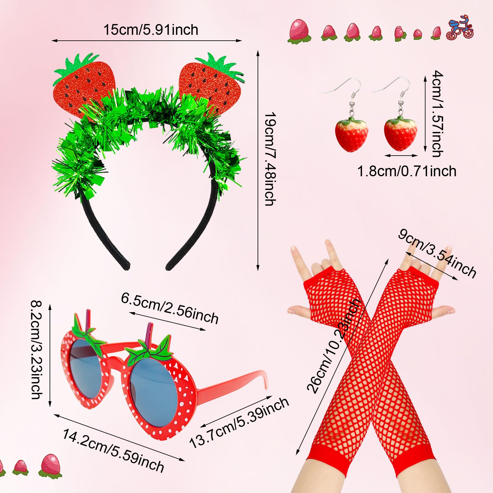 UILYNIU 4 Pcs Strawberry Costume Set, Strawberry Headband, Strawberry Sunglasses, Red Gloves, Strawberry Earrings - Image 2
