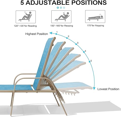 Miniatura 5 de Crestlive Products Silla de Tumbona de Exterior con Respaldo, Juego de Sillas de Piscina de 2, Tumbona de Bronceado Ajustable de Aluminio con 5