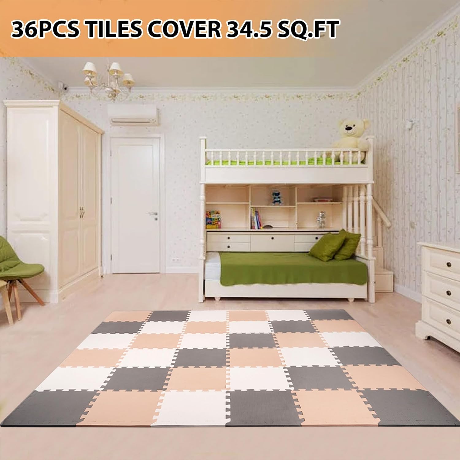 BalanceFrom Puzzle Play Mat, Interlocking Foam Floor Tiles - Playroom Tile Flooring Mats for Indoor and Outdoor Playpen and Playground, Cream/Gray/Beige, 36-Pc