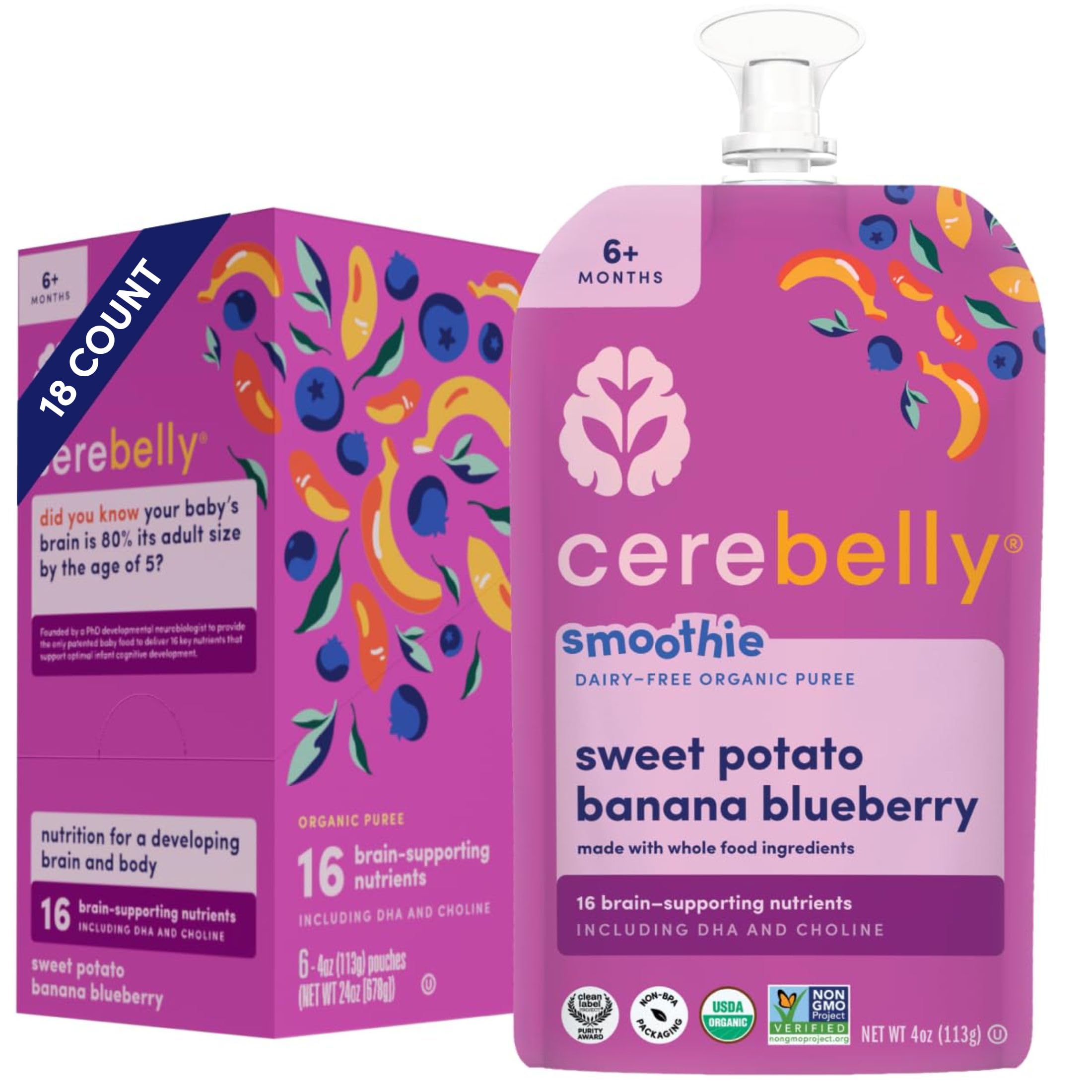 Cerebelly Organic Baby Food Pouches, Sweet Potato Banana Blueberry Dairy-Free Smoothies, 16 Nutrients, No Added Sugar, Fiber & Non-GMO, 4oz, 18 Pack