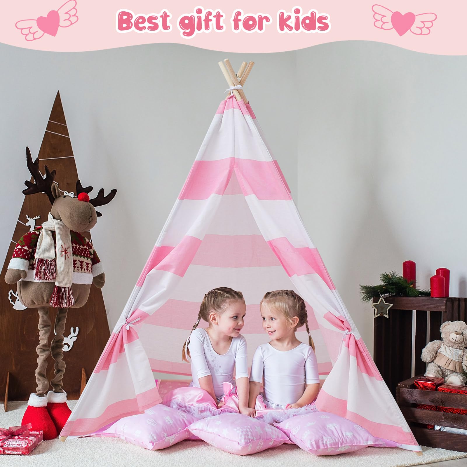 Berlune 3 Set Teepee Tents for Kids 6ft Cotton Canvas Play Tents with LED String Lights Indoor Outdoor Tents Kids Tipi Tents for Girls Boys Party Favor(3 Set, Pink, White, Ridge)