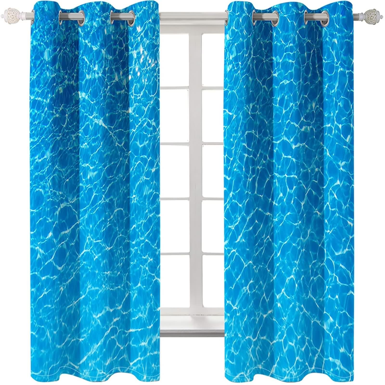 Rideaux Fenetre, Rideau de Cuisine Long Vintage Bleu Polyester Paysage Marin 96L x 214H CM Lot de 2