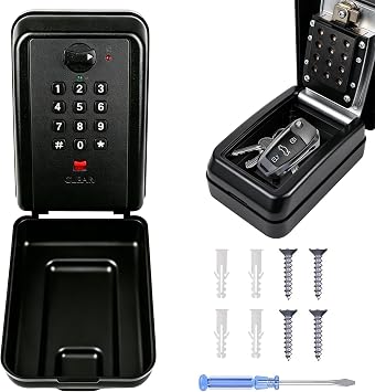 Upgraded Wall-Mounted Key Lock Box, Weatherproof Outdoor Lockbox, 12-Digit Customizable Security Code Anti-Theft, Key Safe Storage Lock Box for Home, Office, Garage, Airbnb hosts, Spare key storage,