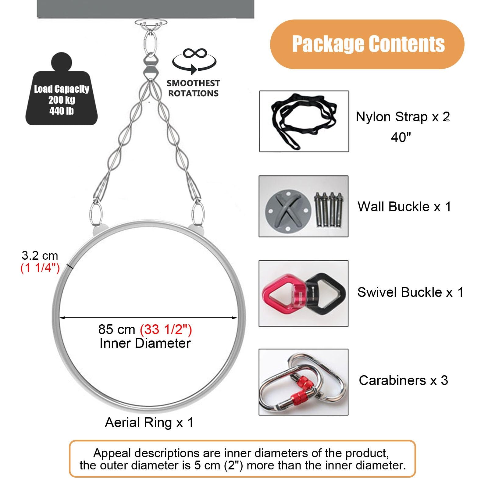 Kunovo Stainless Steel Aerial Lyra Hoop Kit, Double Point Aerial Yoga Ring with Aerial Rigging, 360° Swivel Lyra Hoop for Home/Gym/Dancing Studio (Size : 85 cm (33