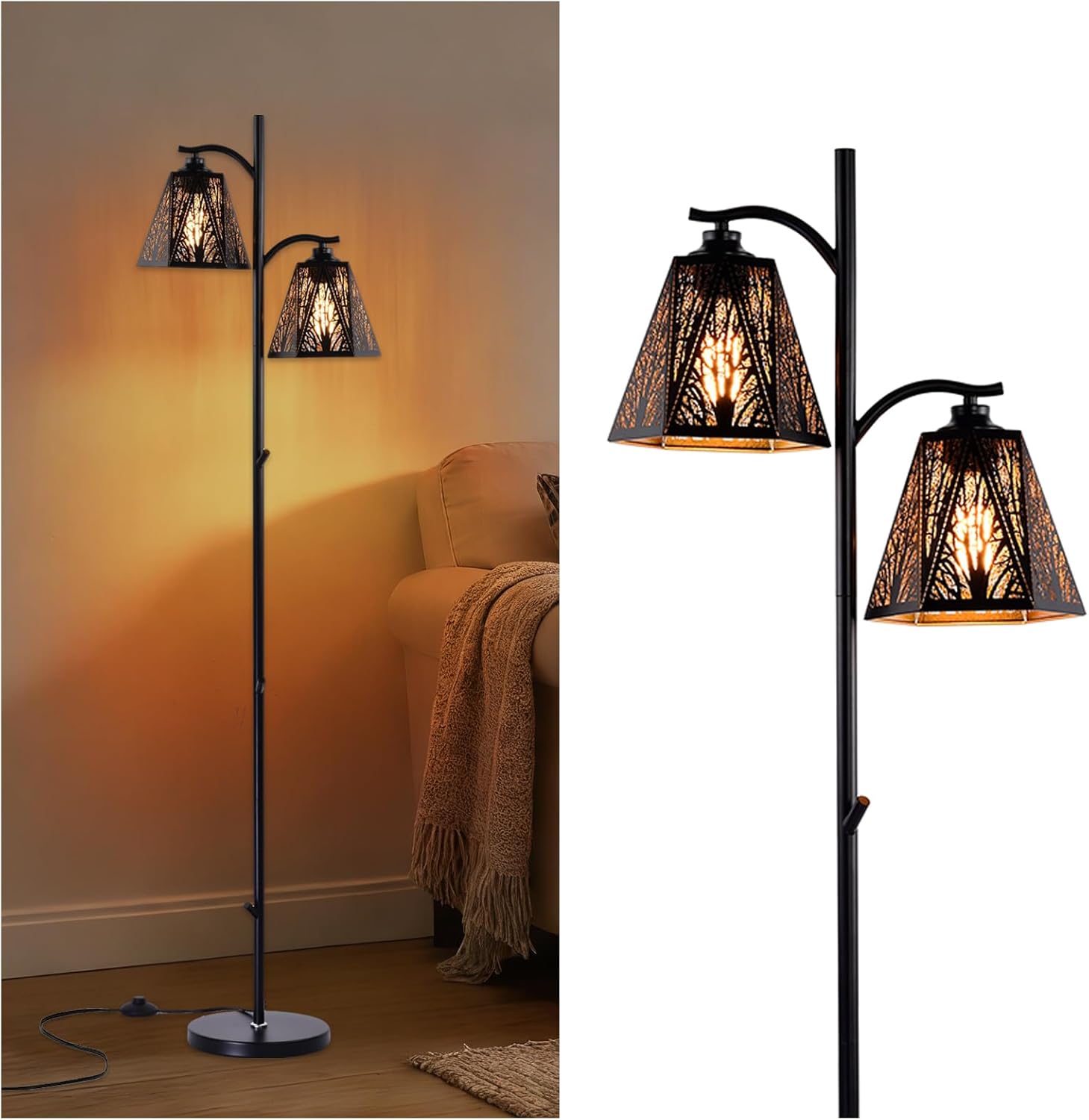 64.56" Tall Rustic Floor Lamp,2-Light Tree Gothic Black Metal Forest Tree Lampshade Farmhouse Floor Lamps for Living Room,Western Standing Floor Light for Bedroom,Home,Office,Corner,Bar