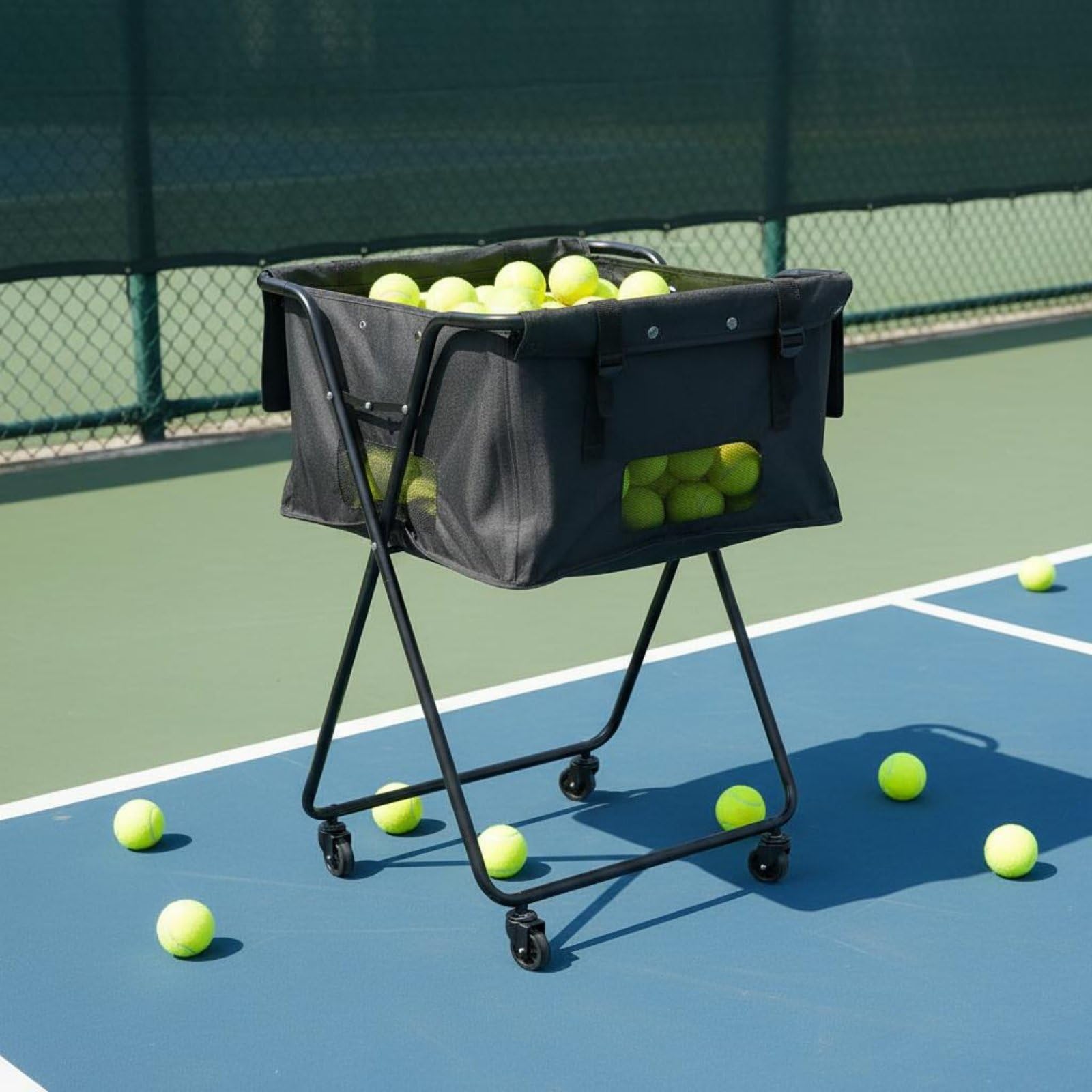 Carrello Raccogli Palline da Pickleball Grande Capacità Carrello Palline Tennis Pieghevole Struttura Robusta Cestino Raccoglipalle Tennis