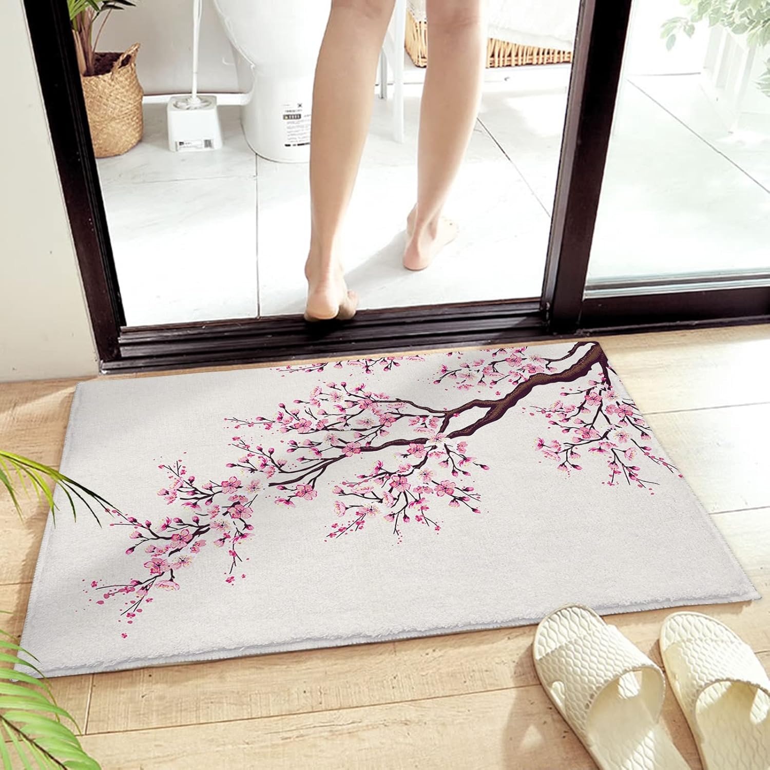 Cherry Blossom Plush Rug Non Slip Bath Mat, Pink Asian