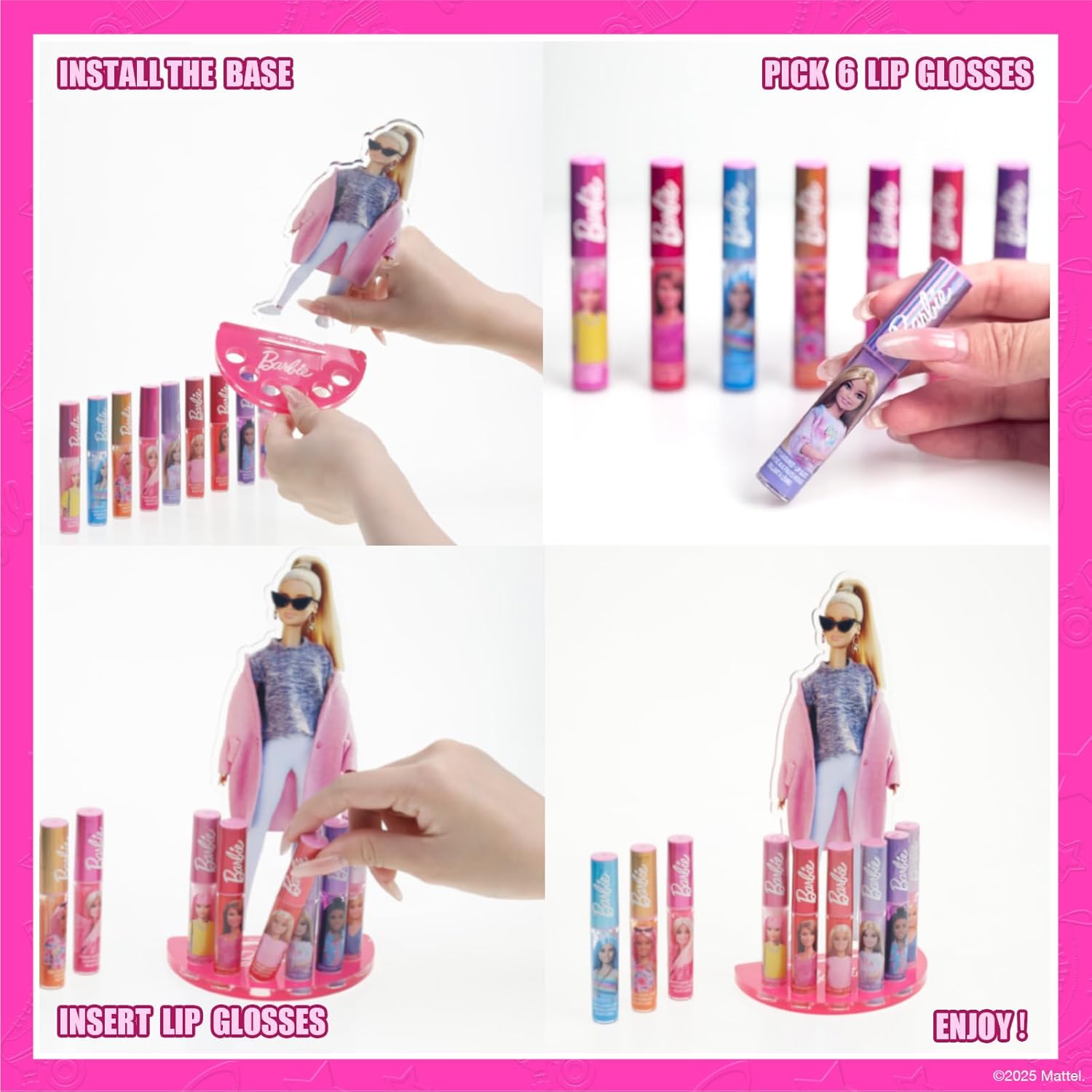 Townley Girl Barbie Lip Gloss with Acrylic Stand for Storage and Display, Plant Based Lip Gloss, Perfect for Parties, Sleepovers, Makeovers, Birthday Gift for Girls, Age 3