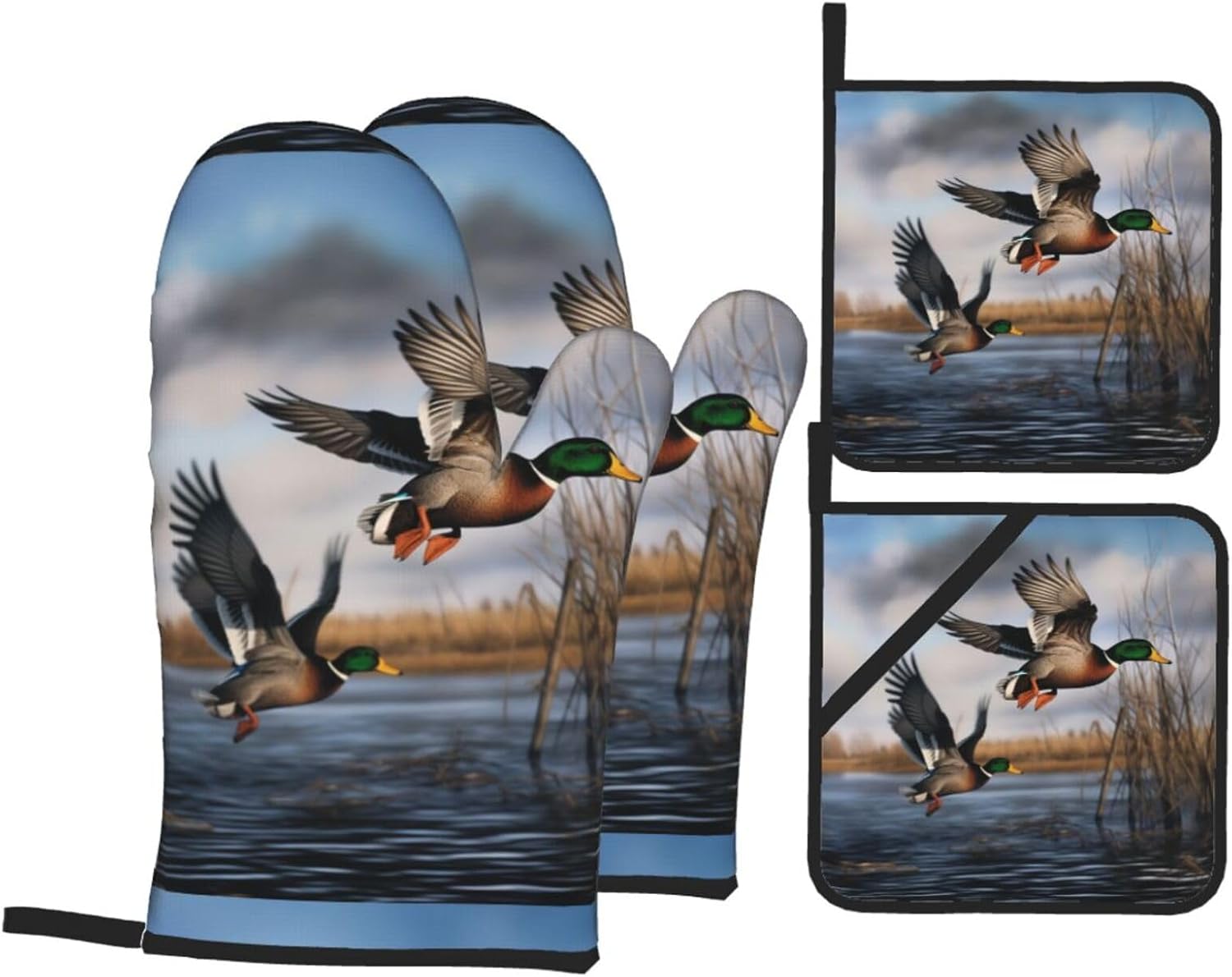 (Hunting Flying Wild Ducks) Baking 4-Piece Set: 2 Oven Mitts and 2 Pot Holders Heat Resistant Waterproof Hanging Loop for Kitchen Oven Grill Housewarming Gifts