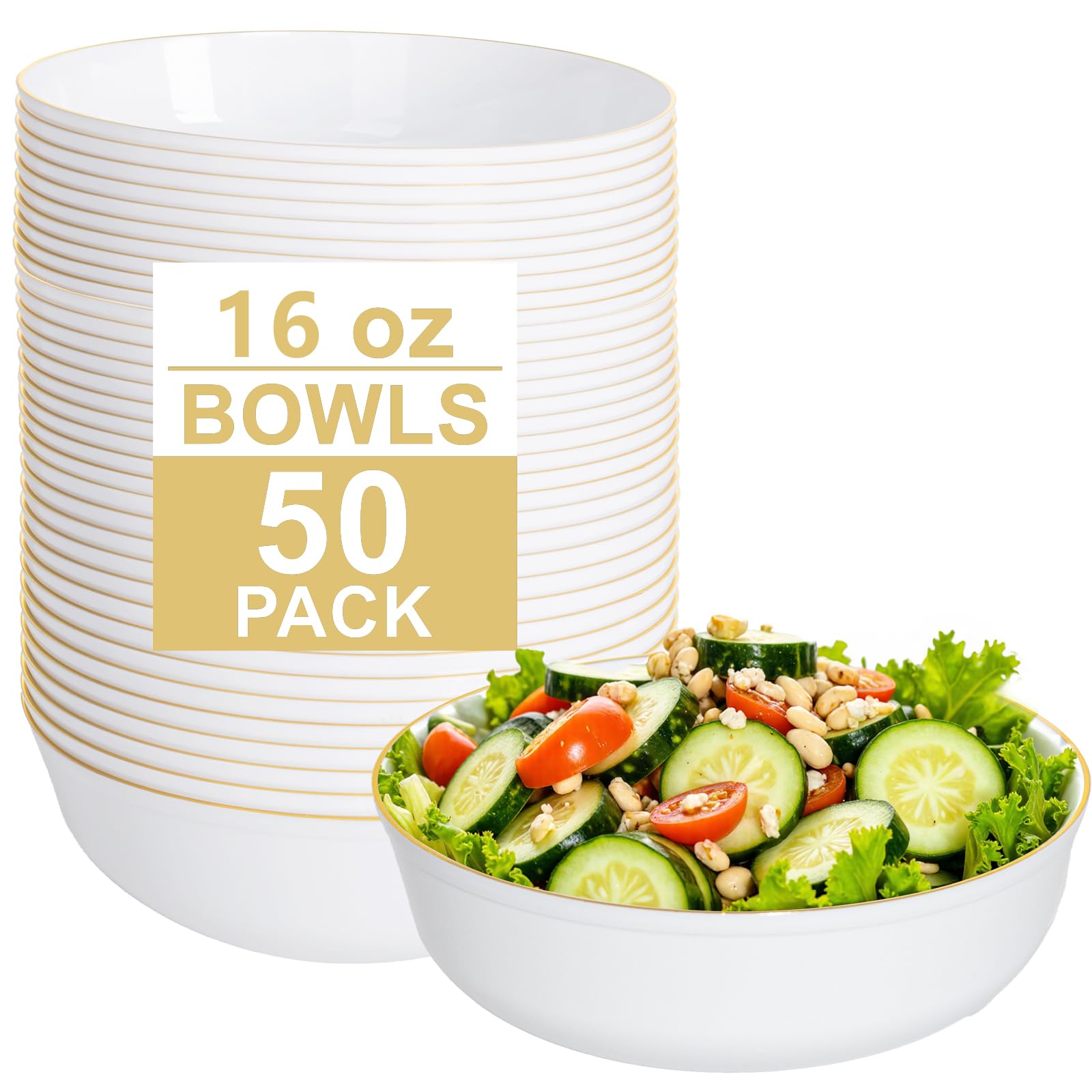 I00000 50 Pack White Plastic Bowls with Gold Rim,16 oz Disposable Soup Bowls,Premium Heavy Plastic Serving Bowls Ideal for Wedding & Party