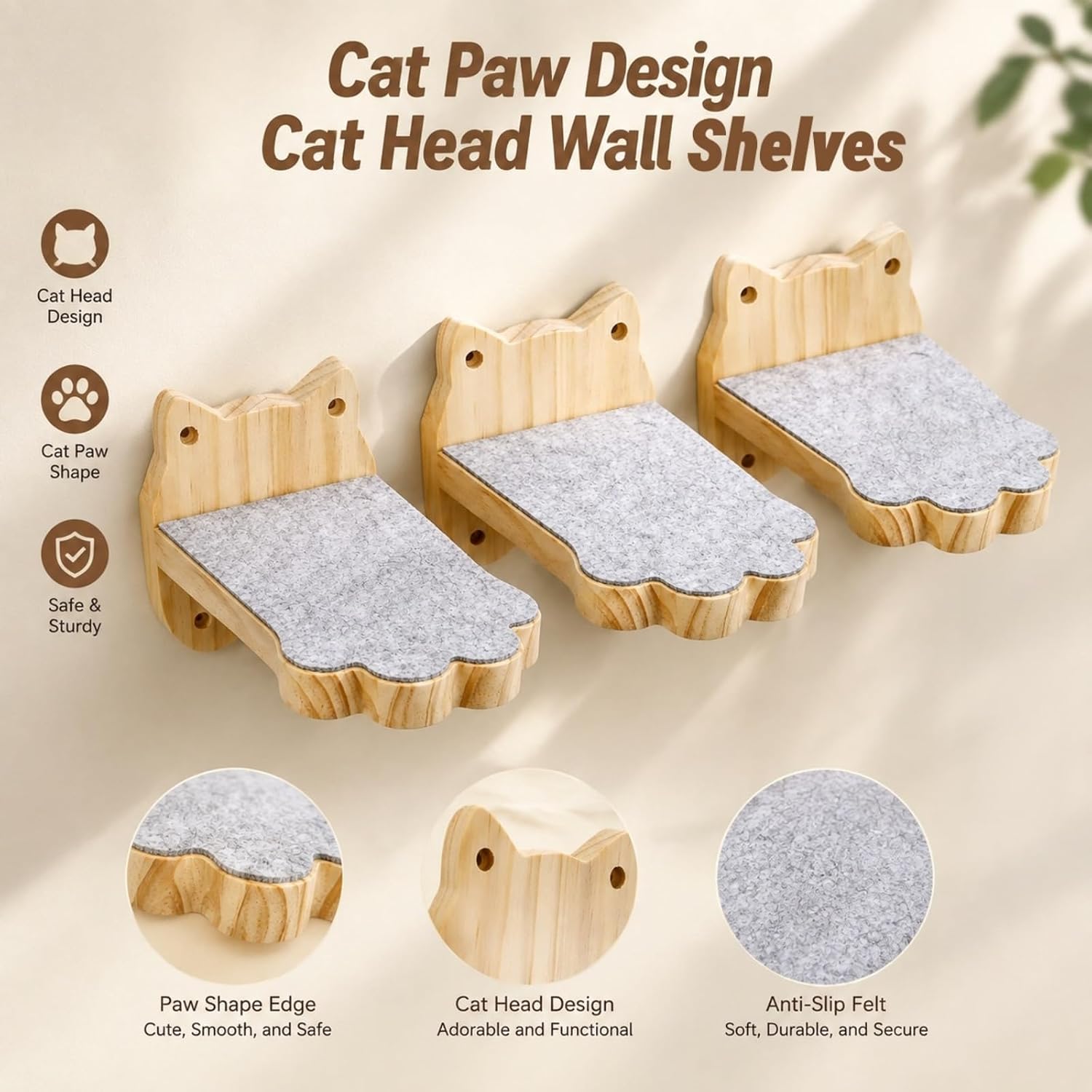 Tlence 3 Pack Cat Wall Shelves for Cats Steps, Wall Mounted Floating Cat Furniture with Non-Slip Felt, Cats Climbing Wall Stairs Perch for Jumping, Playing and Lounging, Holds up to 30lbs