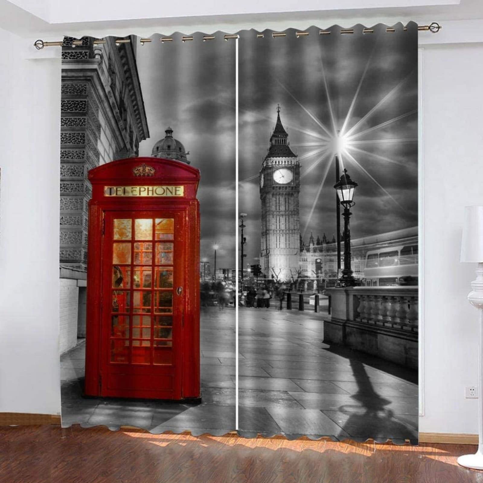 Lot de 2 Rideau Royaume-Uni. Rideaux Occultants 91.5x214 cm Londres Imprimé 3D Draperies Ntérieurs Rideaux de Fenetre Isolant Thermique Décoration Rideaux pour Chambre Salon