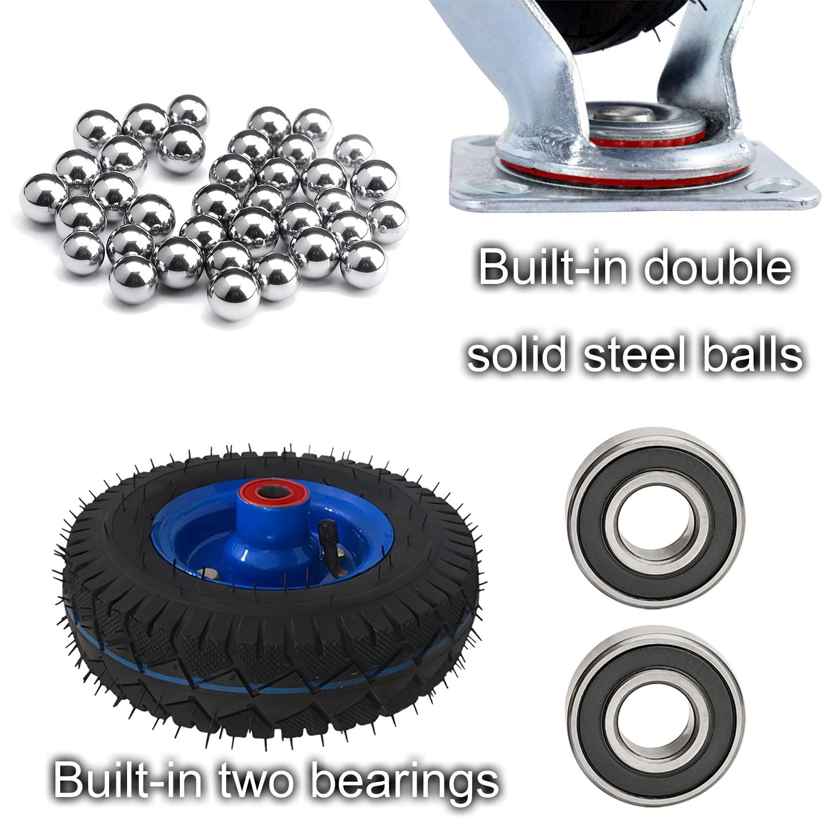 Lot de 2 roues pneumatiques en caoutchouc haute performance de 20,3 cm avec freins, double roulement à billes, mouvement silencieux pour meubles, chariots et établis (Ø 200 mm)