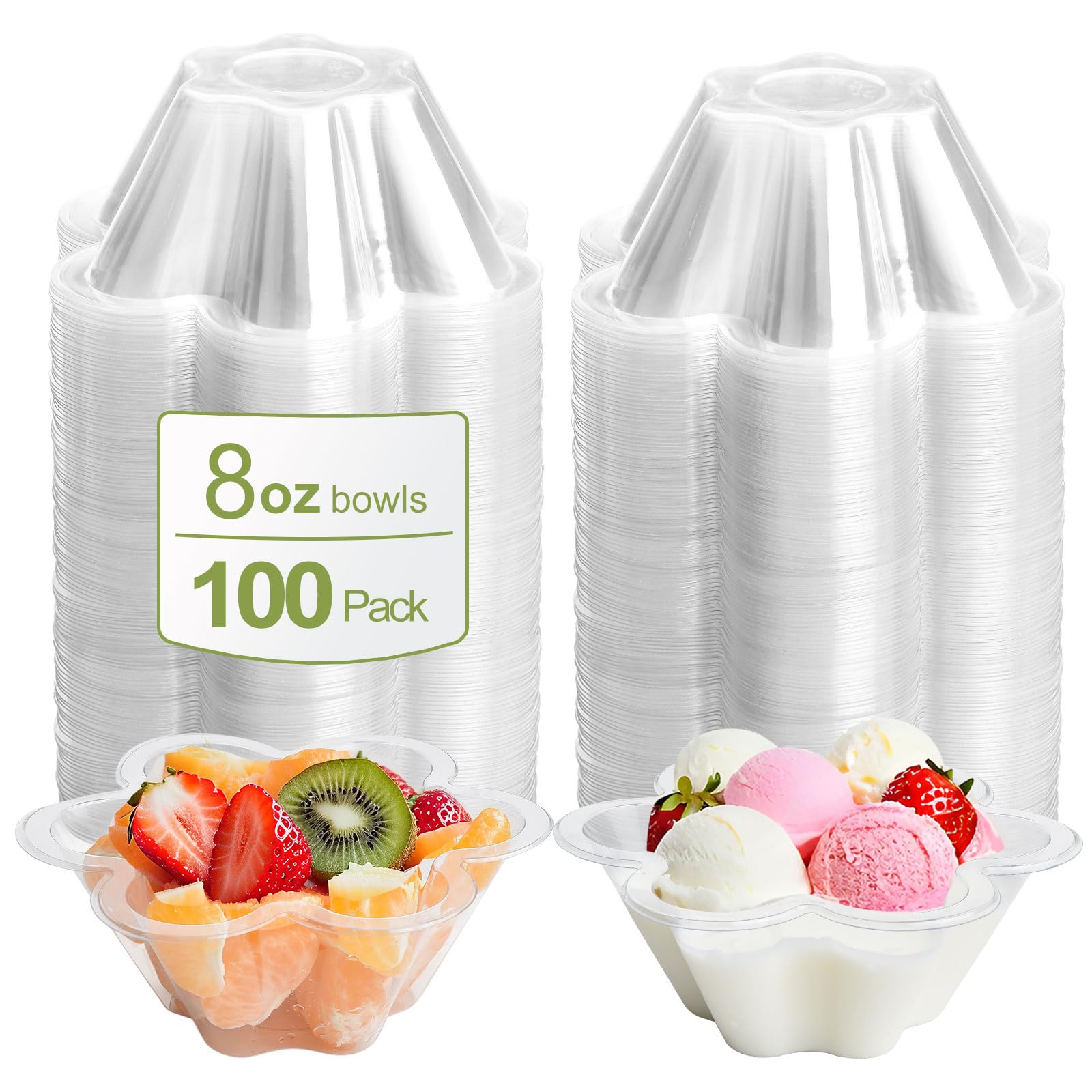KUCKOW Clear Bowls, 100 PCS Ice Cream Bowls, Small Clear Appetizer Serving Bowls for Dessert Cake Snack Sundae Salad Candy, Party Favor Wedding Birthday Flower Shape (8 OZ)