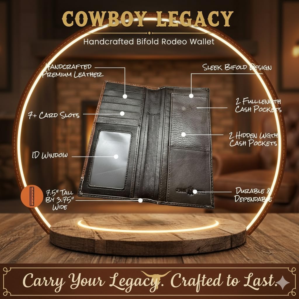 Men’s Long Leather Wallet – Tooled Inlay with Longhorn Concho – Western Bifold Checkbook Wallet for Cowboys, Ranchers & Texas Cattlemen - Image 3