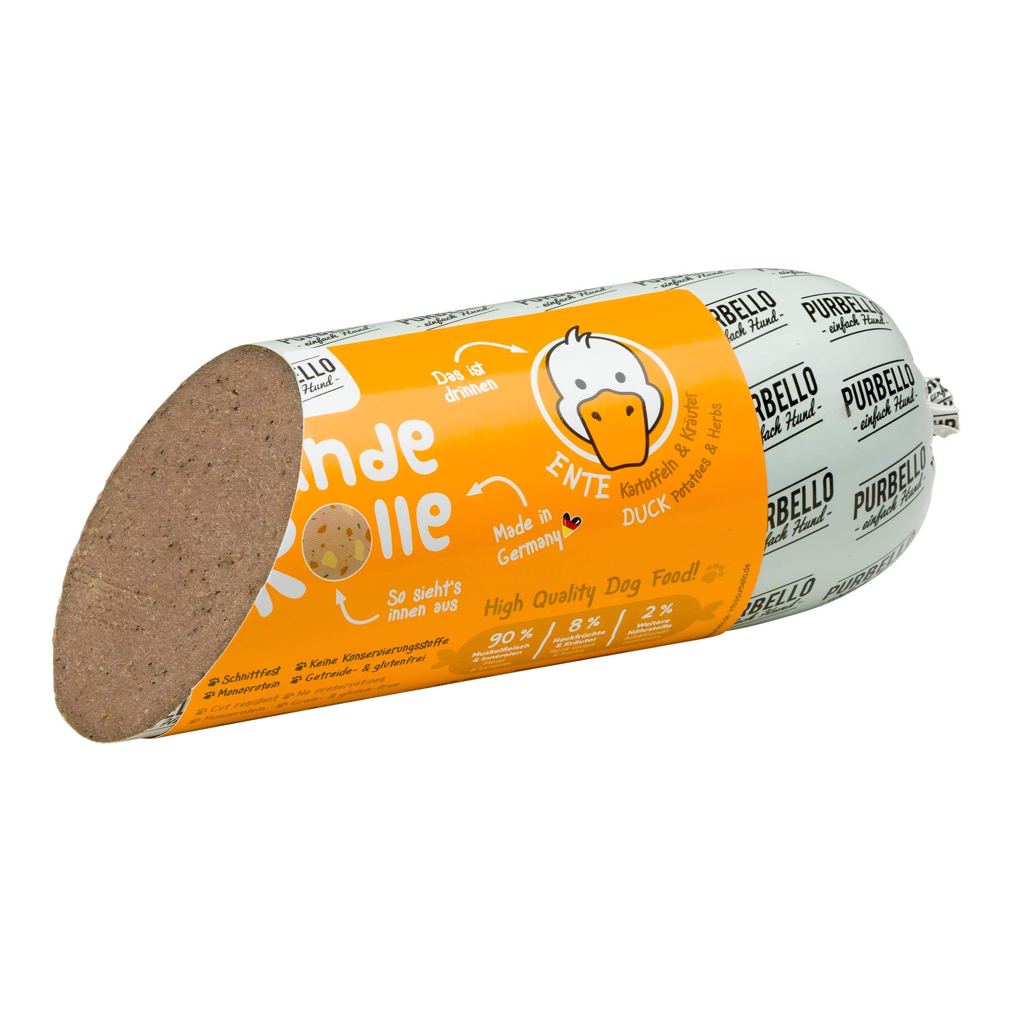 PURBELLO Hunde-Rolle Ente mit Kartoffel & Kräutern - Monoprotein Hundefutter mit hohem Fleischanteil - Nassfutter für Hunde - Hundewurst schnittfest & getreidefrei - 8 x 800 g