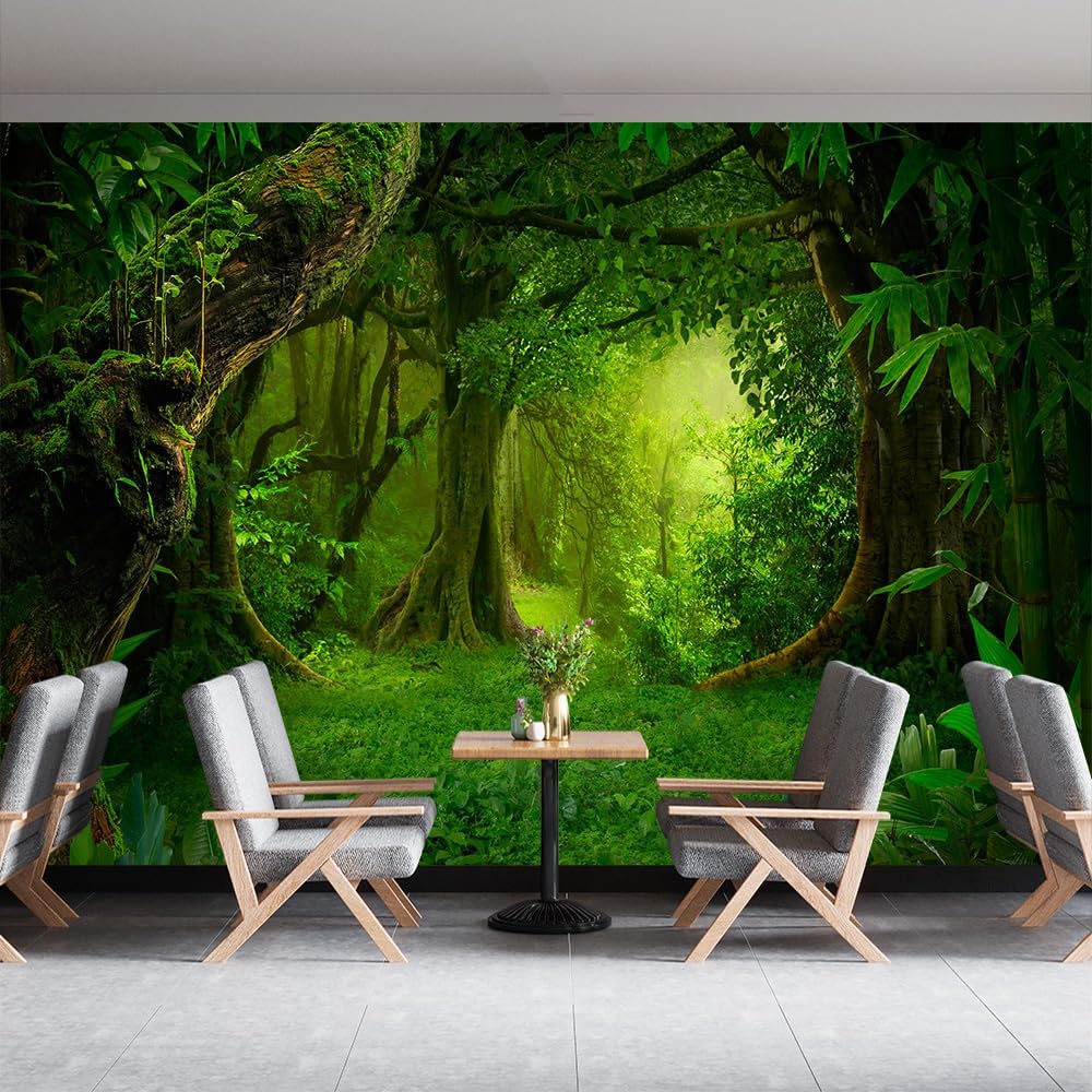 Custom Mysterious Forest Wallpaper Mural, Green, Modern Wallpaper, Peel and Stick, Large Area Coverage, Landscape Theme