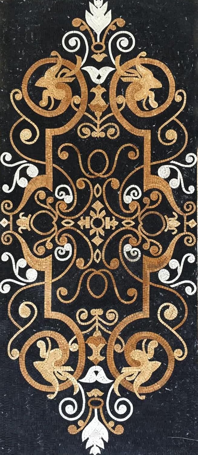 Handmade Ornamental Marble Mosaic Wall Art, Luxury Decorative Stone Mosaic Tile mural, Hand-Cut Classic Pattern Wall Décor