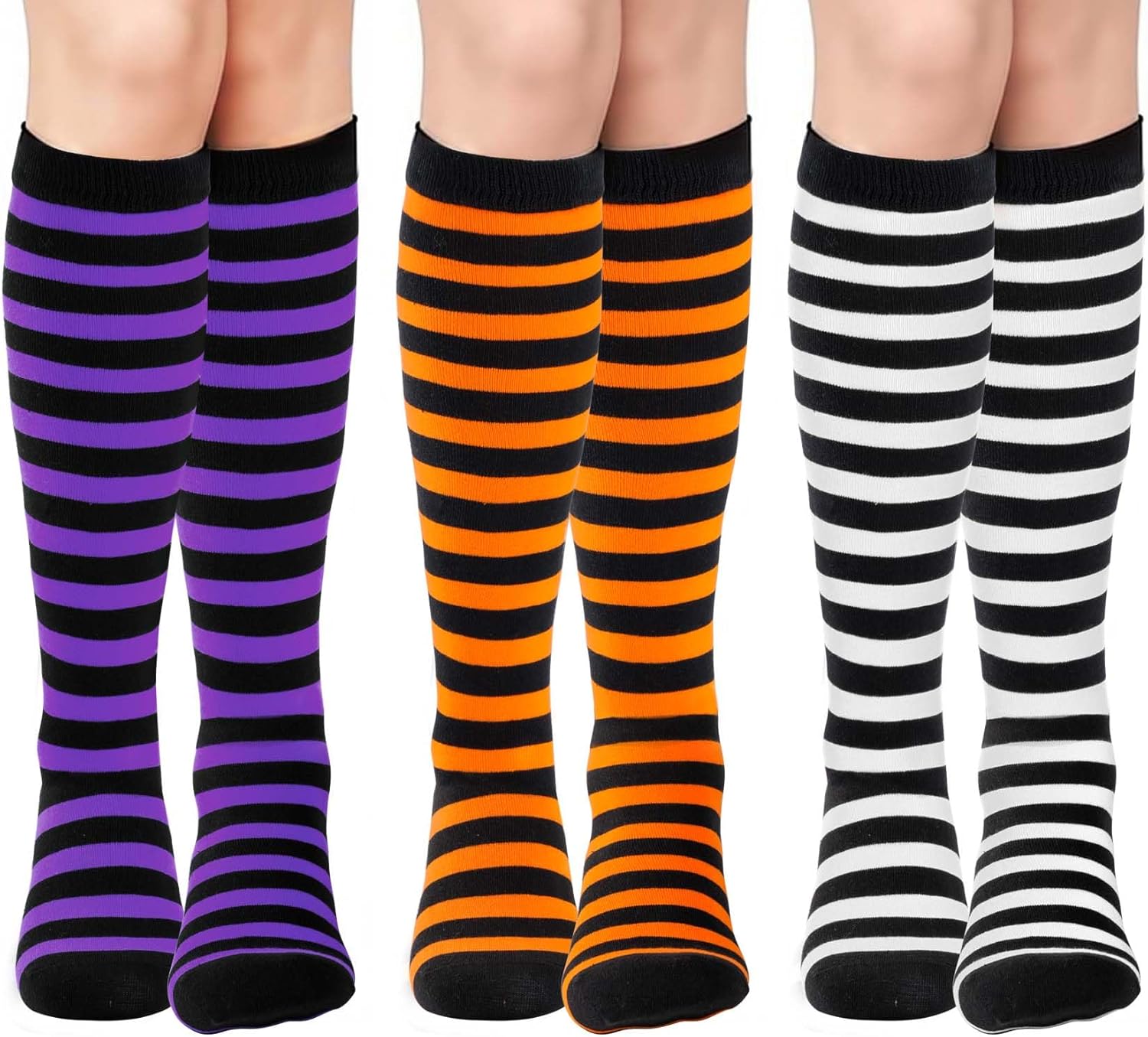HONGTEYA ニーハイソックス 女性用 ハロウィン レディース コットン アスレチック ロング トール ハイ シン ストライプ