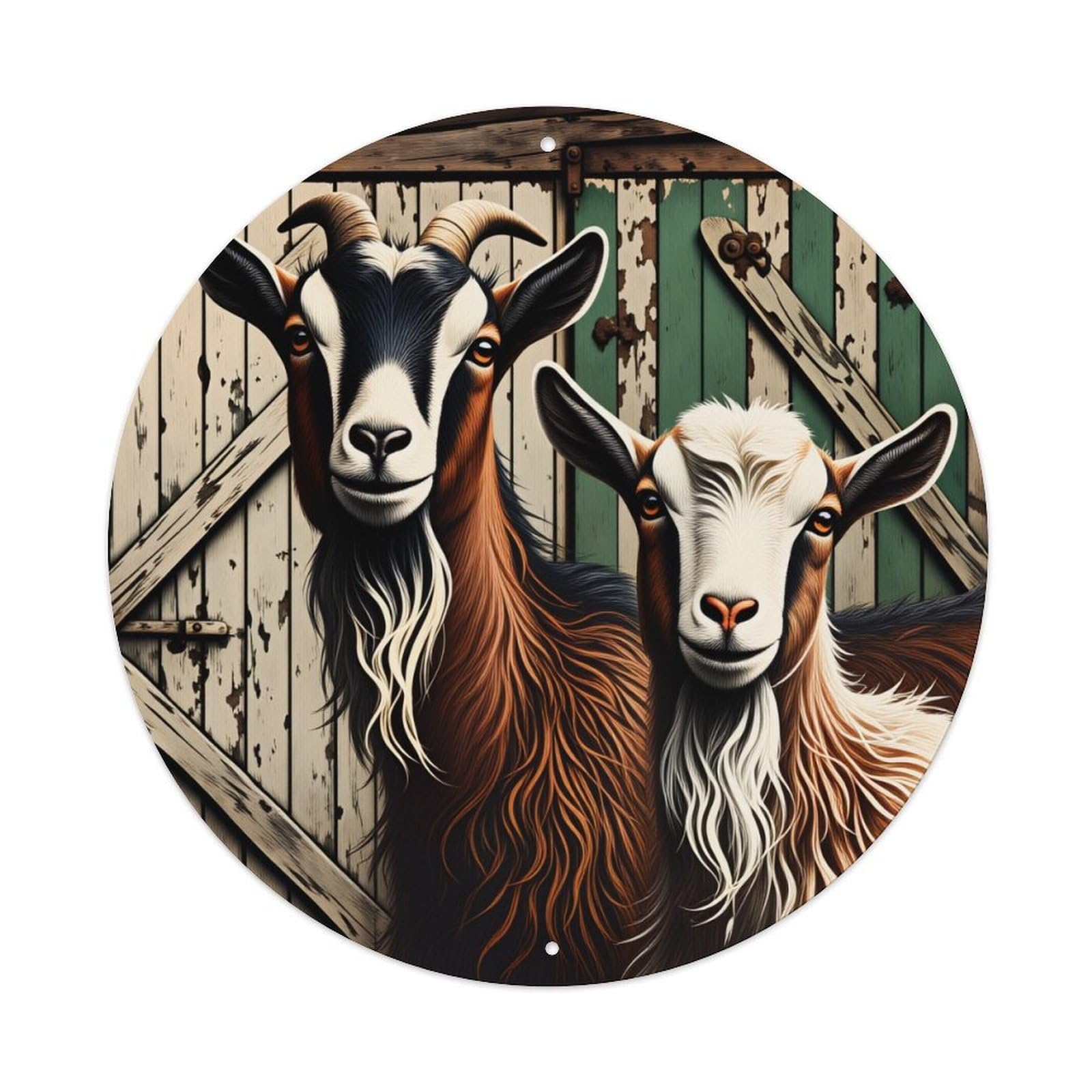 Goat Pair Rustic Barn Door Round Tin Sign Vintage Style Metal Sign Home Bar Garden Wall Plaque Decor Metal Poster 8x8 Inch
