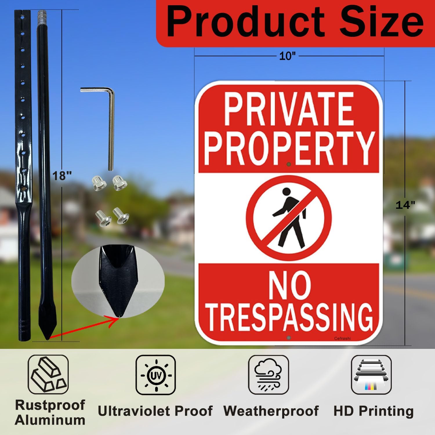2 Pack Private Property No Trespassing Sign with 36 inch Metal Stakes, 14 x 10 inches, Reflective Aluminum, Weather Resistant