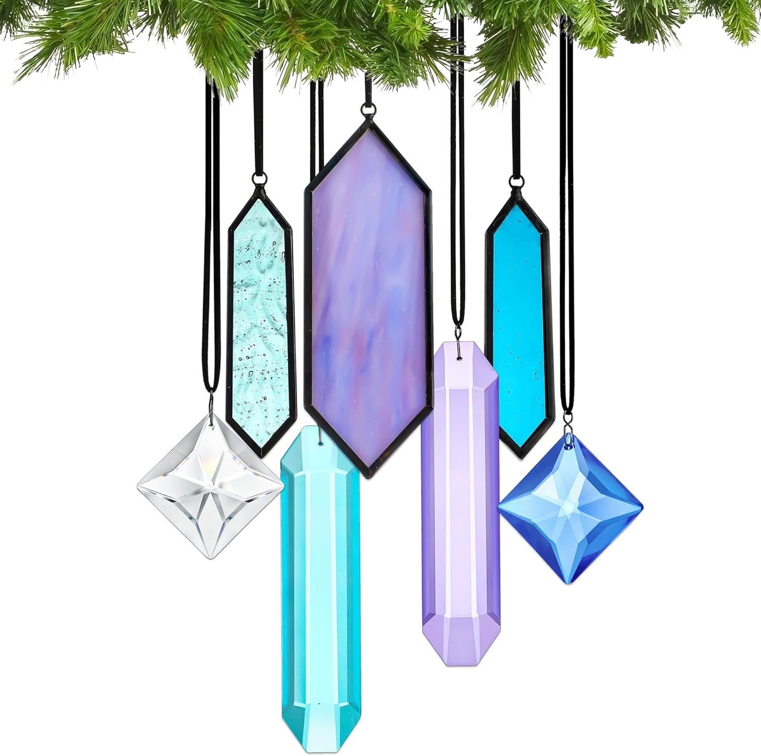 7pcs Rainbow Guardian Angel Crystal Suncatcher & 7 Pack Stained Glass Ornaments for Christmas Tree（Blues Flat Lens Series）