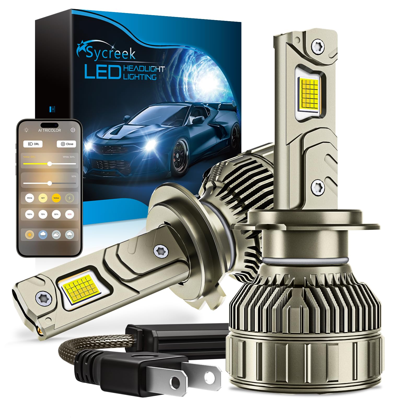Sycreek Smart H7 LED, 0-50000LM 1000% Más Brillante, Soporta Atenuación y Temperatura por APP, 3000K Amarillo a 6500K Blanco Frío para Faro Antiniebla Bluetooth H7, Plug and Play