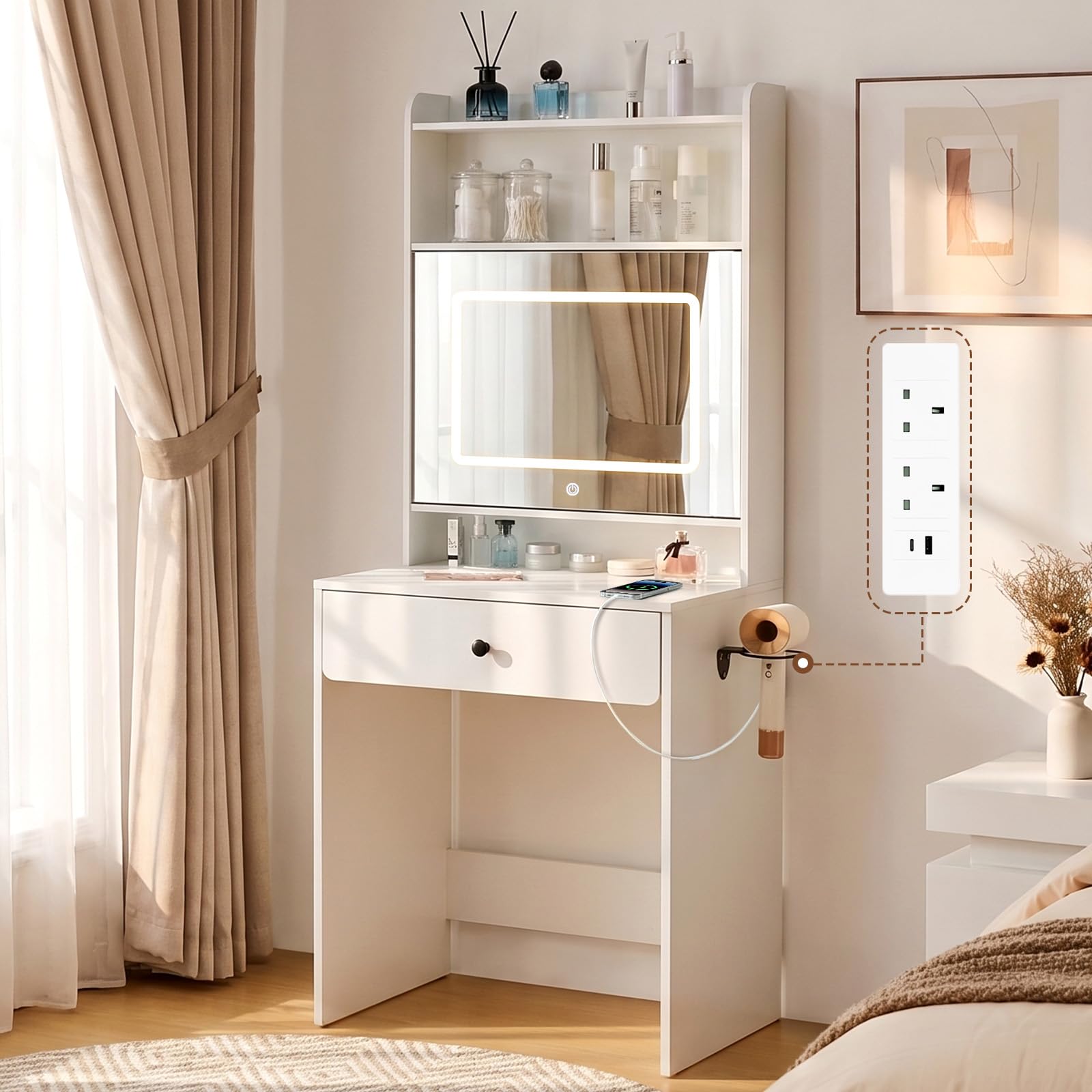 TUKAILAi Dressing Table with LED Mirror & Charging Station, Small Vanity
