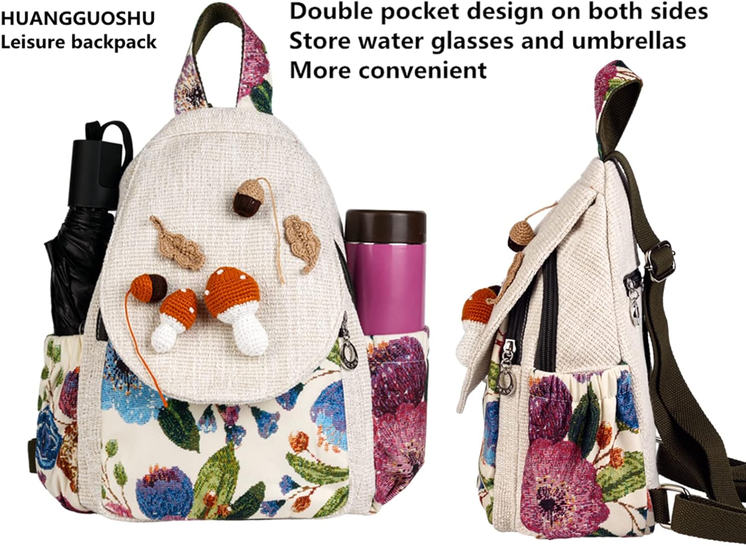 HUANGGUOSHU Boho and Bohemian Small Canvas Backpack Purse for Women - Adjustable Carry Sling Bag, Embroidered and Woven Tapestry Patterns 4 Mushrooms - Image 7