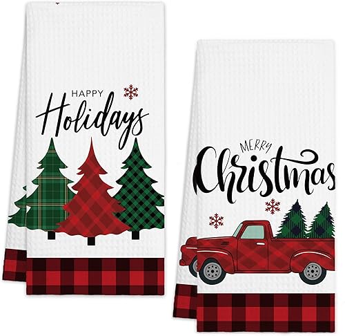 Miniatura 12 de Toallas de cocina de Navidad - Rosa, toallas de mano absorbentes con diseño de moño de Papá Noel y cuadros de búfalo, decoración festiva de invierno