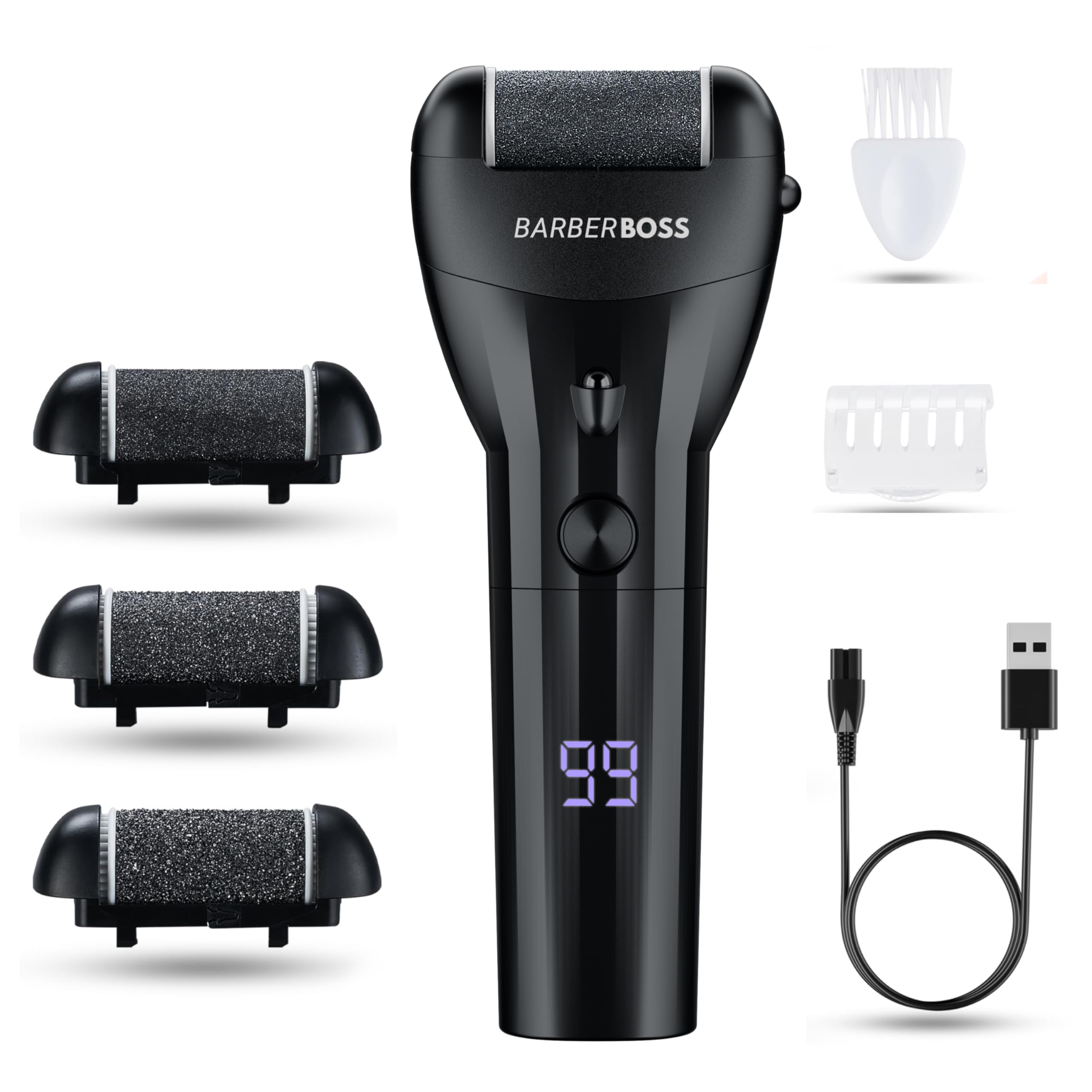 BarberBoss Lima eléctrica para pies, removedor de piel dura, removedor de callos inalámbrico, 3 cabezales de rodillo, herramienta de pedicura para pies lisos