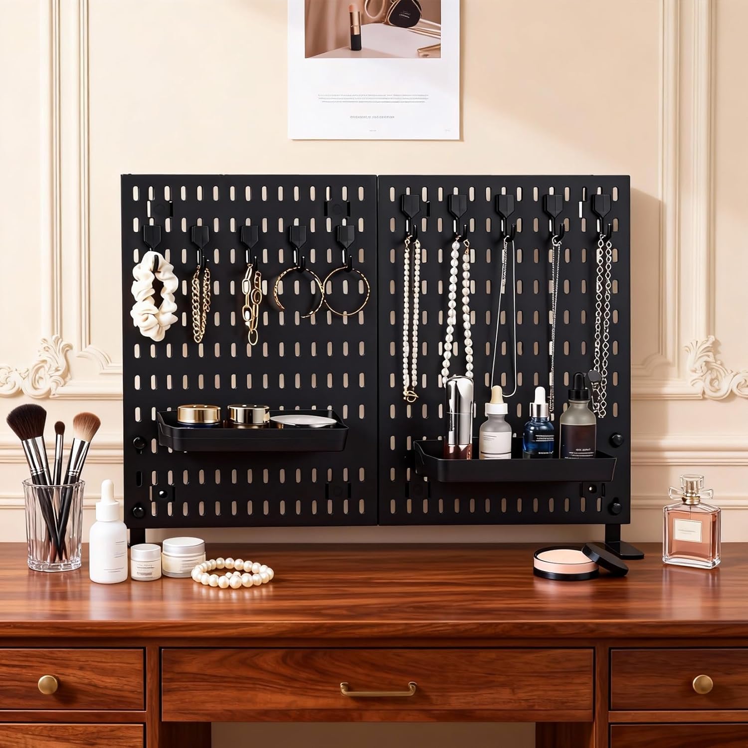 Tabletop Peg Board Display Stand with 10 Hooks & 2 Trays, No Drilling, Freestanding Portable Plastic Pegboard for Vendor Office Home Dorm Apartment, Black