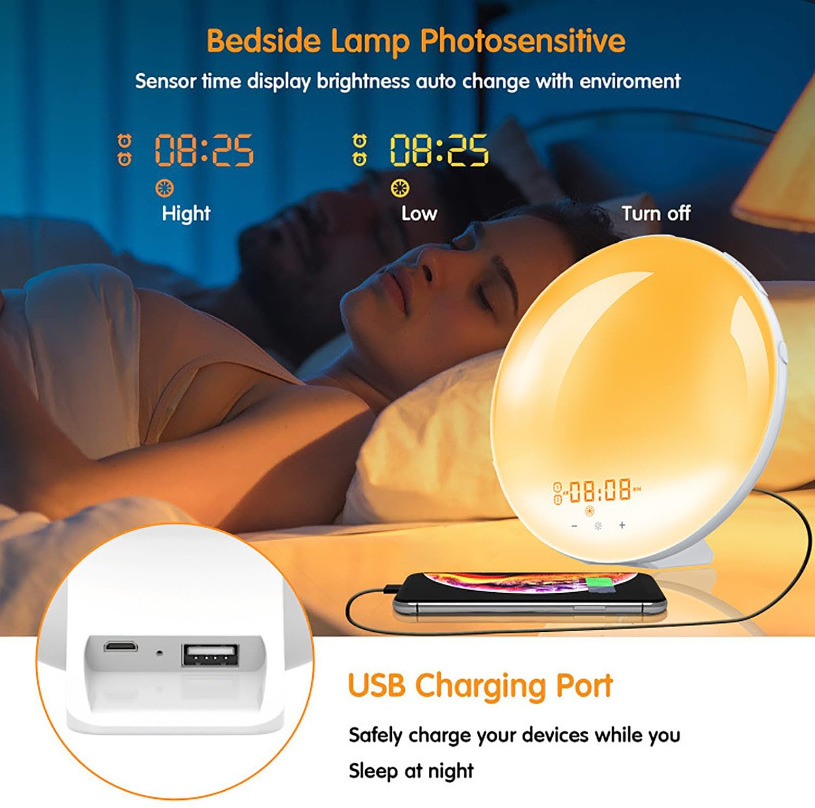 Reloj Despertador Amanecer, Luz Despertadora con Simulación De Amanecer, Radio FM, Alarmas Dobles y Ayuda para Dormir Snooze, Máquina De Sonidos De Ruido Blanco para Dormir Pesado