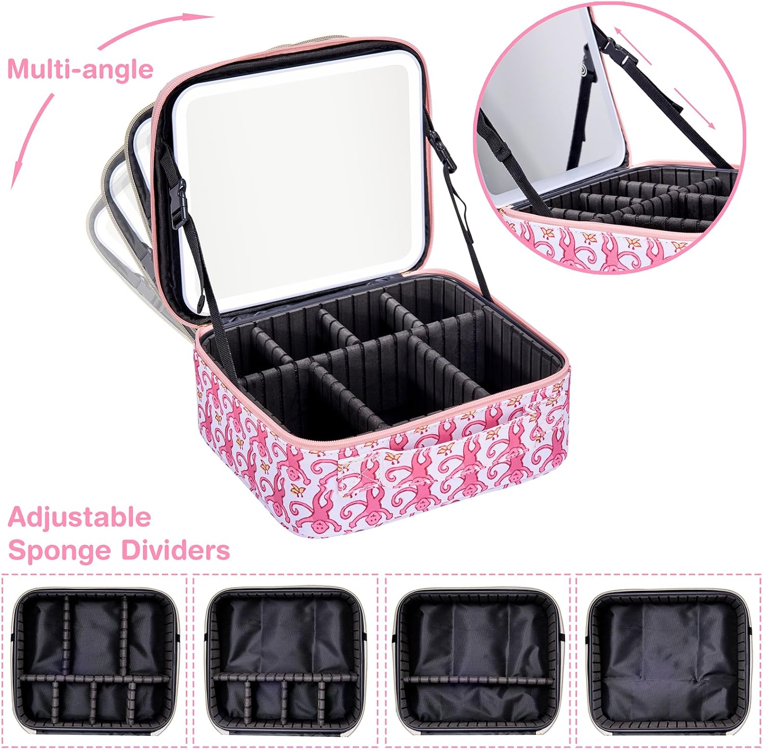 Travel Makeup Bag Organizer with LED Mirror, Portable Monkey Cosmetic Train Case with Adjustable Dividers, Brush Storage Board for Women Christmas Thanksgiving Valentine Birthday Gift (Pink)