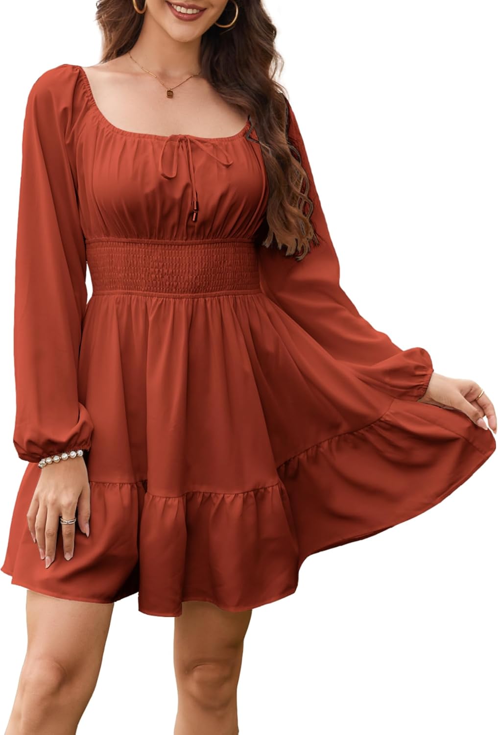 Florboom Women's Adjustable Square Neck Drawstring Dress Puff Long Sleeve Smocked Waist Mini Dresses