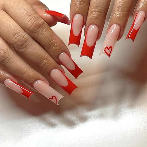 Uñas postizas a presión de punta francesa roja, uñas largas cuadradas con pegamento para el día de San Valentín, uñas postizas acrílicas con diseño
