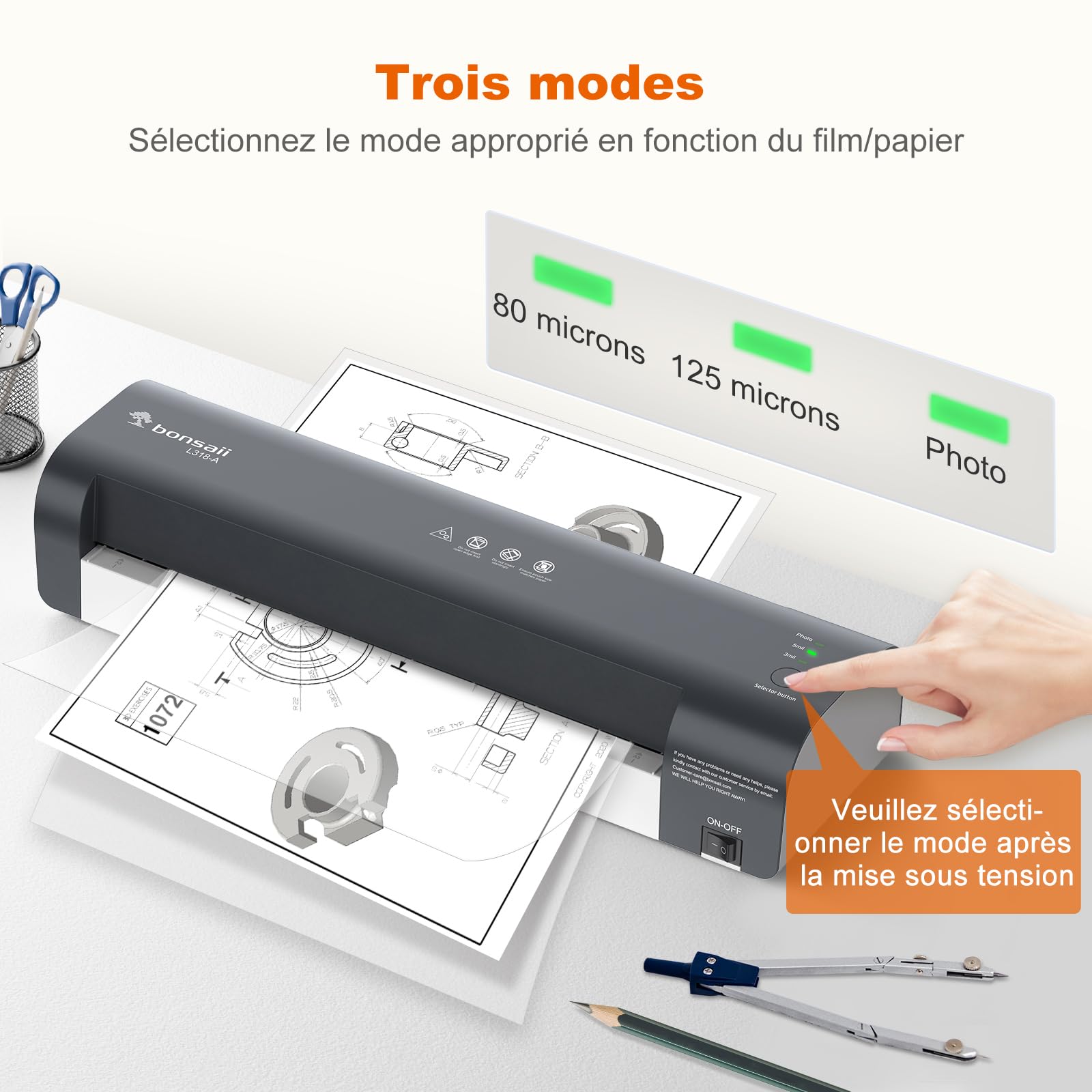 Bonsaii Plastifieuse A3, Kit de Plastification 5 en 1, Technologie Anti-Bourrage, Système NTC, 80-125 Microns, Idéal pour Photos et Documents à l'École et au Bureau (L318-A)