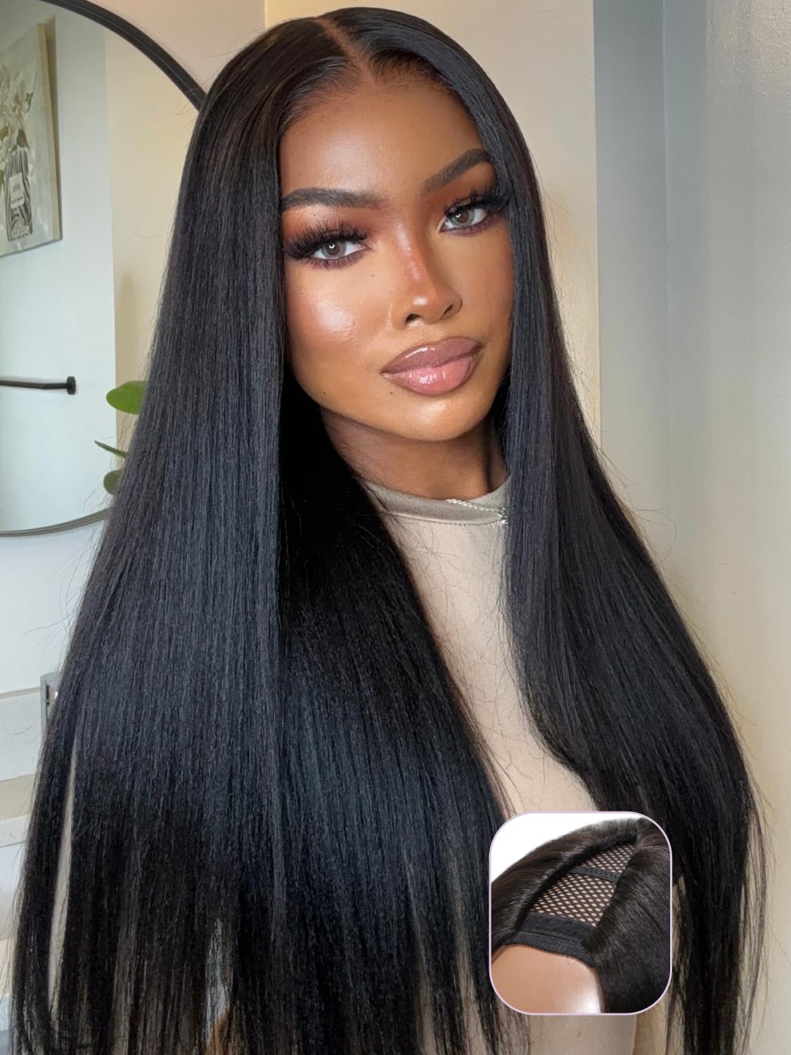 YIROO V Part Wig Yaki Straight Human Hair Wigs for Black Women Upgrade Upart Wig No Leave Out 12A Glueless Kinky Straight 20 Inch