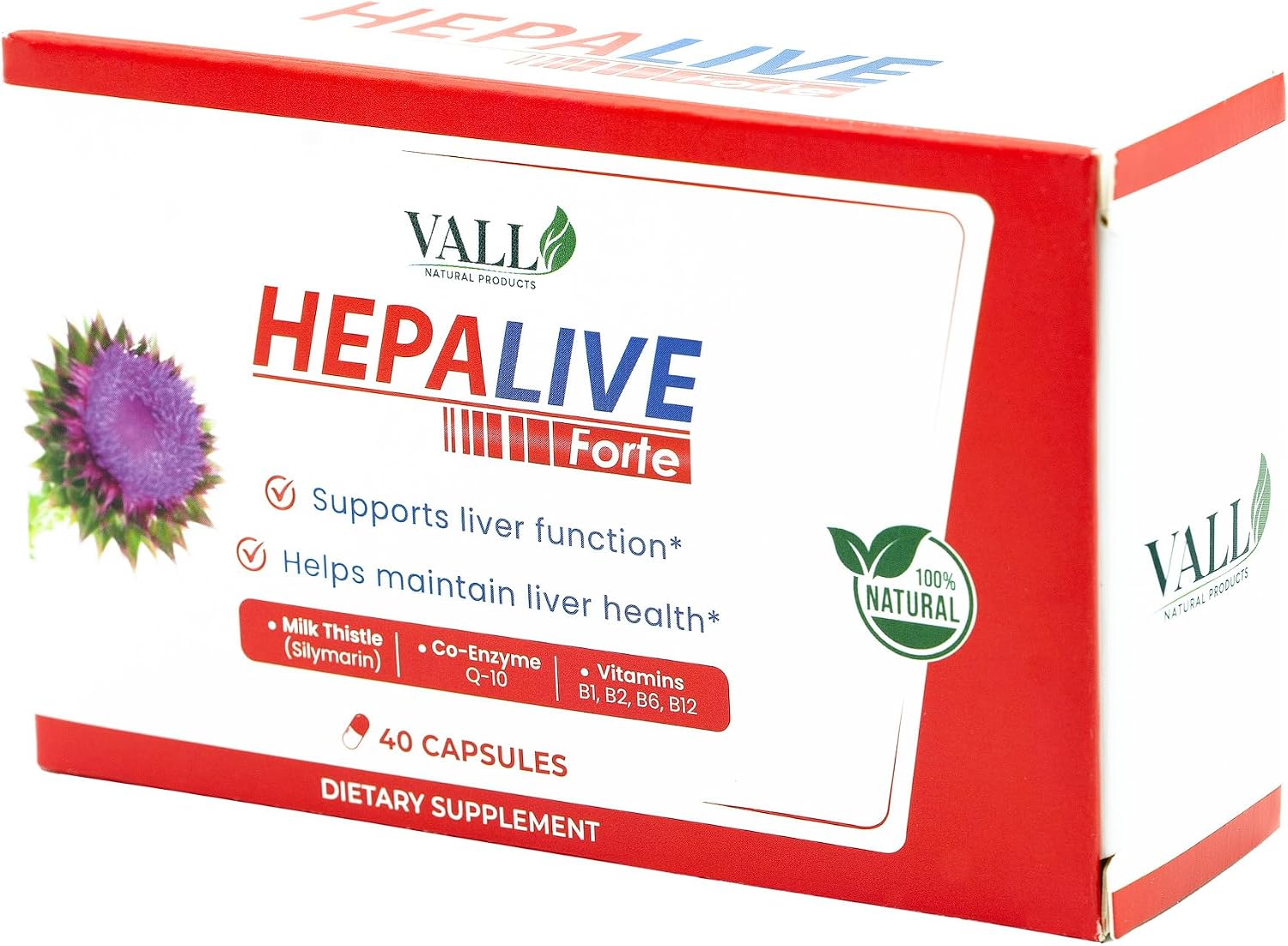 Vall-Hepalive - Liver Support Supplement - 40 Capsules - Milk Thistle & B-Complex Vitamins with CoQ10 Antioxidant Formula - Allergen-Free Daily Liver Health Support