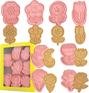 Crethinkaty Flower Cookie Cutter Set, 3D Flower Cookie Cutter and Stamp, 8 Styles Spring Flowers Cookie Stamps for Baking | Spring flower stamps for cookies, fondant, biscuits, cake decorating and floral baking projects