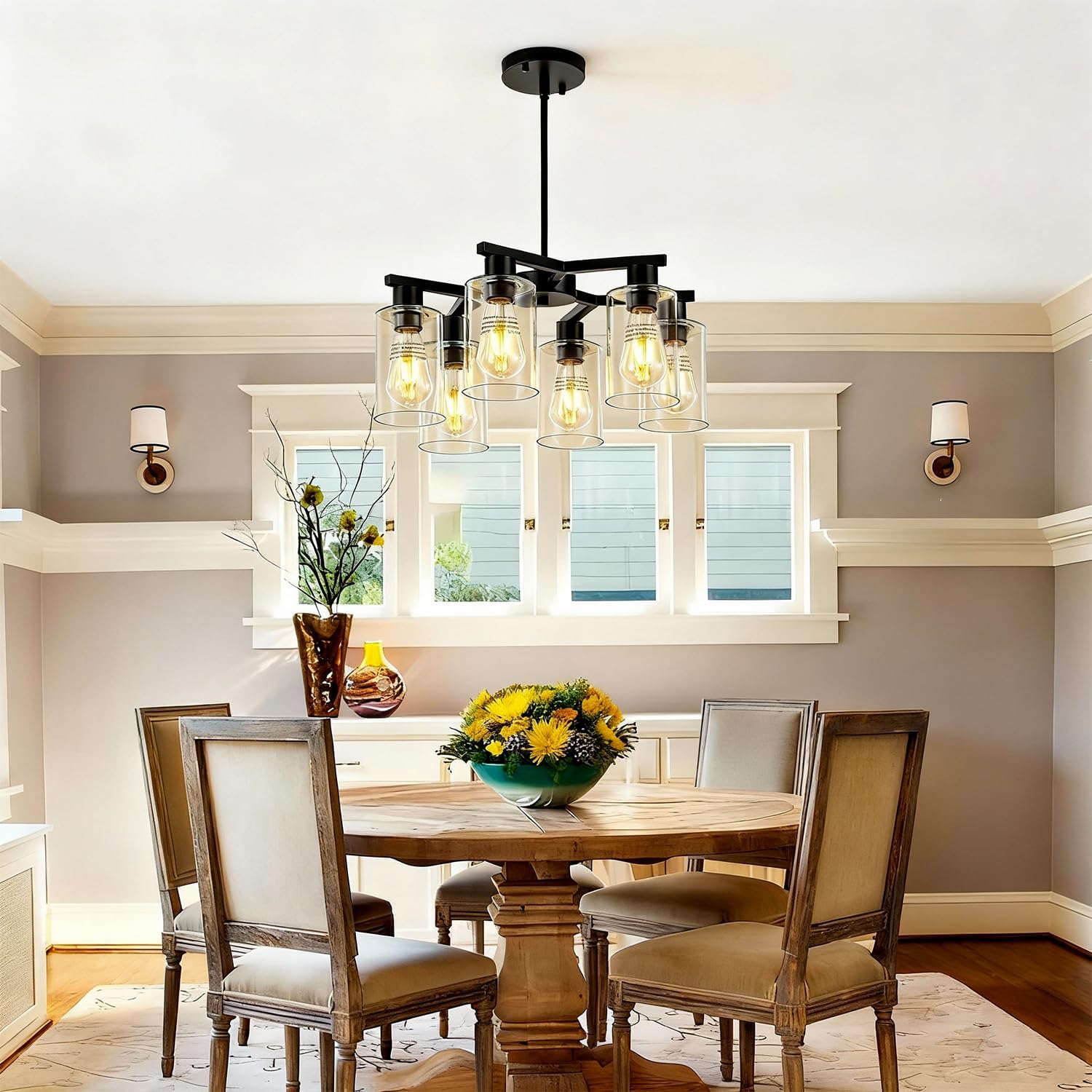 6-Light Black Modern Farmhouse Chandelier, Dining Room Light Fixtures Over Table, Contemporary Adjustable Height Industrial Pendant Lighting Clear Glass Shade Pendant Lamp for Kitchen Island Entryway