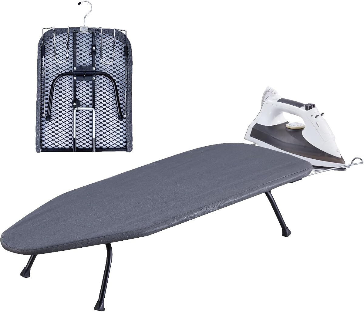Tabla de planchar plegable de metal con soporte para plancha, tabla de planchar portátil pequeña con funda de algodón resistente al calor, mini tabla de planchar para espacios pequeños y viajes, 31 x 12 pulgadas, color negro