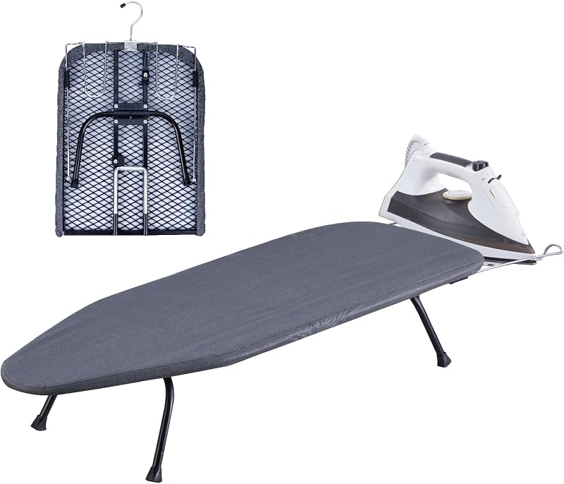 Tabla de planchar plegable de metal con soporte para plancha, tabla de planchar portátil pequeña con funda de algodón resistente al calor, mini tabla de planchar para espacios pequeños y viajes, 31 x 12 pulgadas, color negro