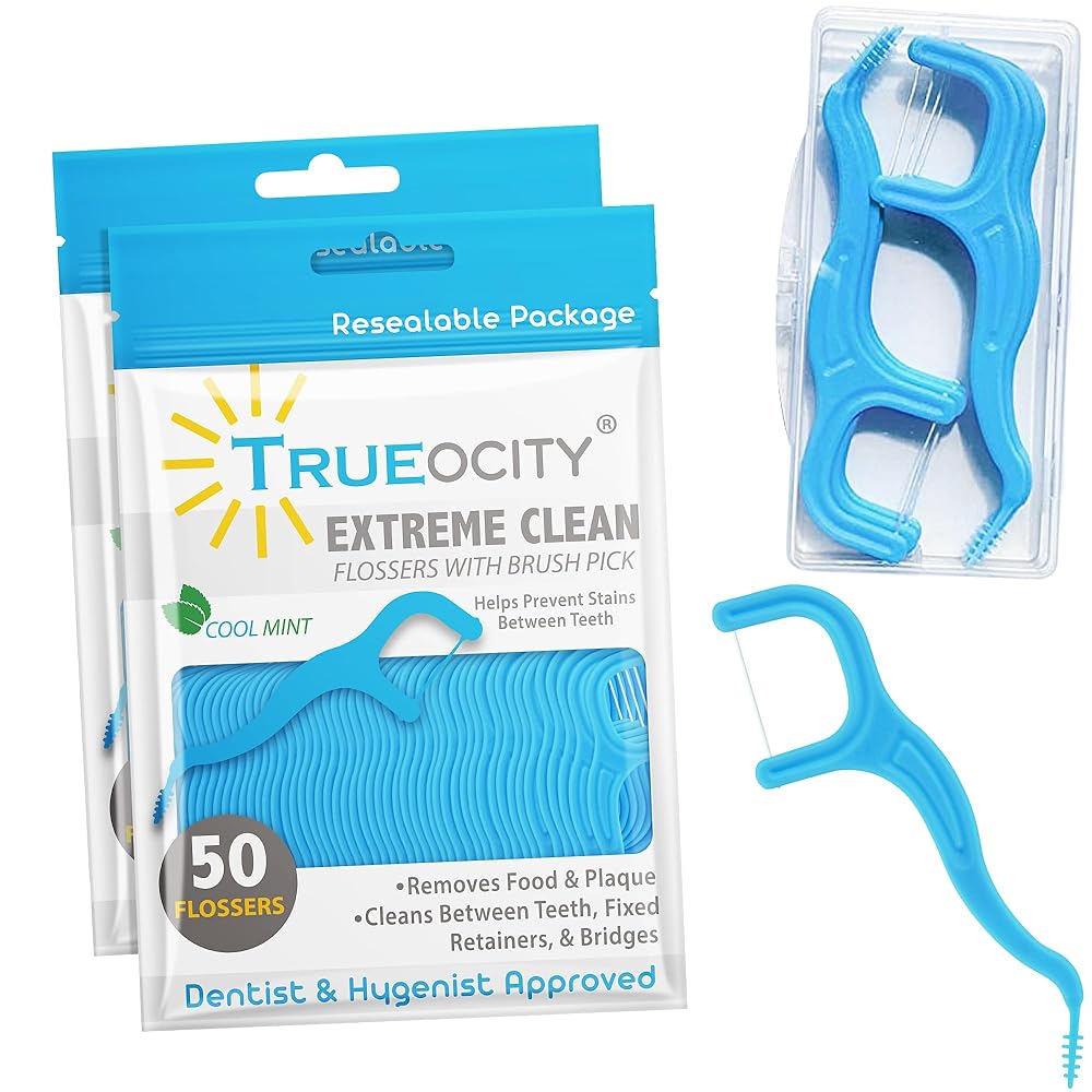 Trueocity Dental Flossers Brush Picks 2 Pack w/Travel Case (100 Total Count), Dental Floss Glides Easy, Flosser Helps Prevent Tooth Decay & Gum Disease, Easy Grip, Flossers for Adults, Mint Flavored