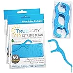 Trueocity Dental Flossers Brush Picks 2 Pack w/Travel Case (100 Total Count), Dental Floss Glides Easy, Flosser Helps Prevent Tooth Decay & Gum Disease, Easy Grip, Flossers for Adults, Mint Flavored