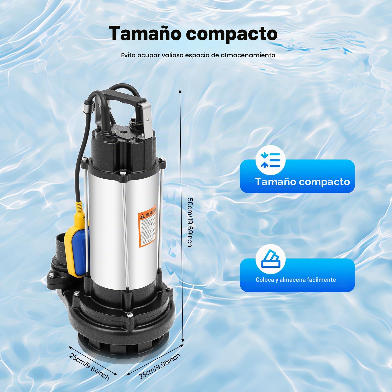 Bomba de agua sucia de 1500 W, 36000 l/h, acoplamiento, bomba de agua, bomba sumergible, flotador y trituradora