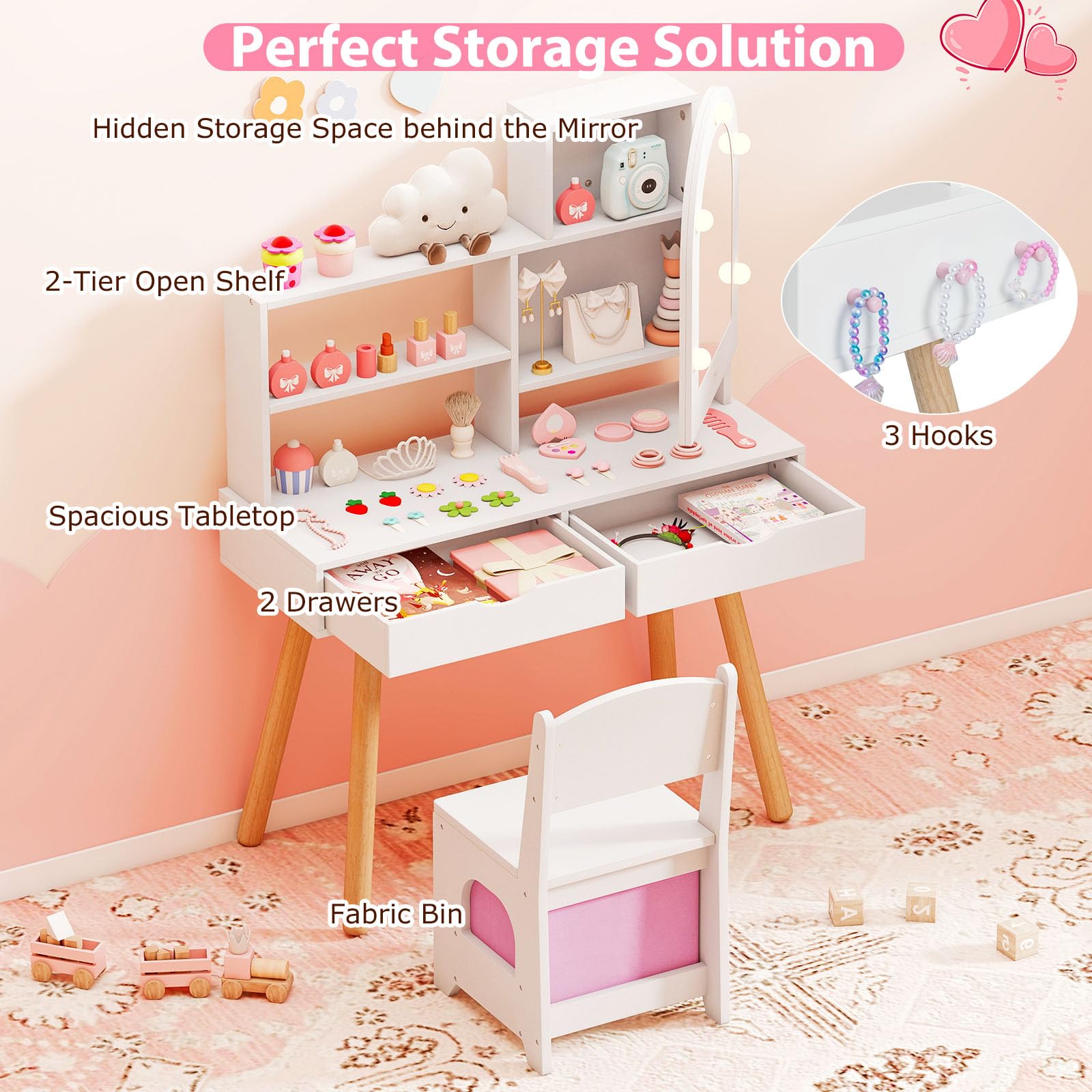 LIFEZEAL Specchiera Trucco per Bambina 3+Anni, con Luci, Sgabello, Sedia, Specchio, Tavolo Toeletta, Postazione Makeup, con 3 Cassetti, Armadietto, Mensole, Accessori, in Legno, Cameretta (bianco)